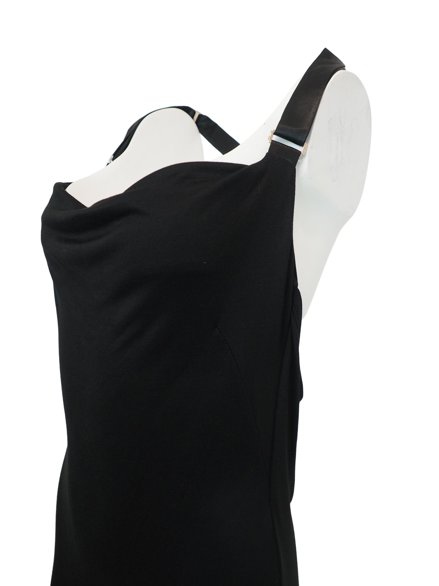 A vintage Alexander McQueen black sleeveless cowl-neck dress with double suspender shoulder straps and a crisscross back detail, shown against a plain white background.