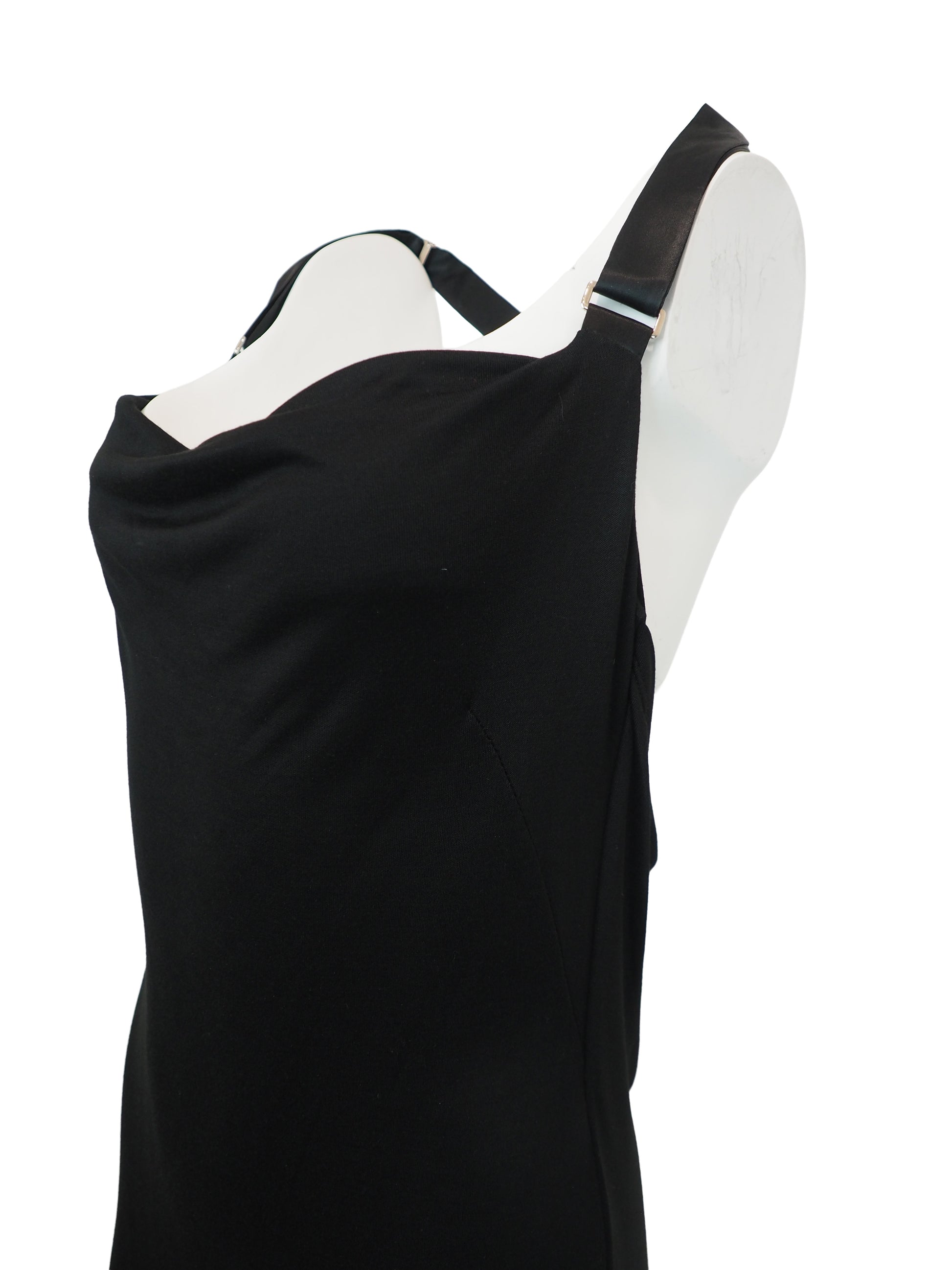 A vintage Alexander McQueen black sleeveless cowl-neck dress with double suspender shoulder straps and a crisscross back detail, shown against a plain white background.