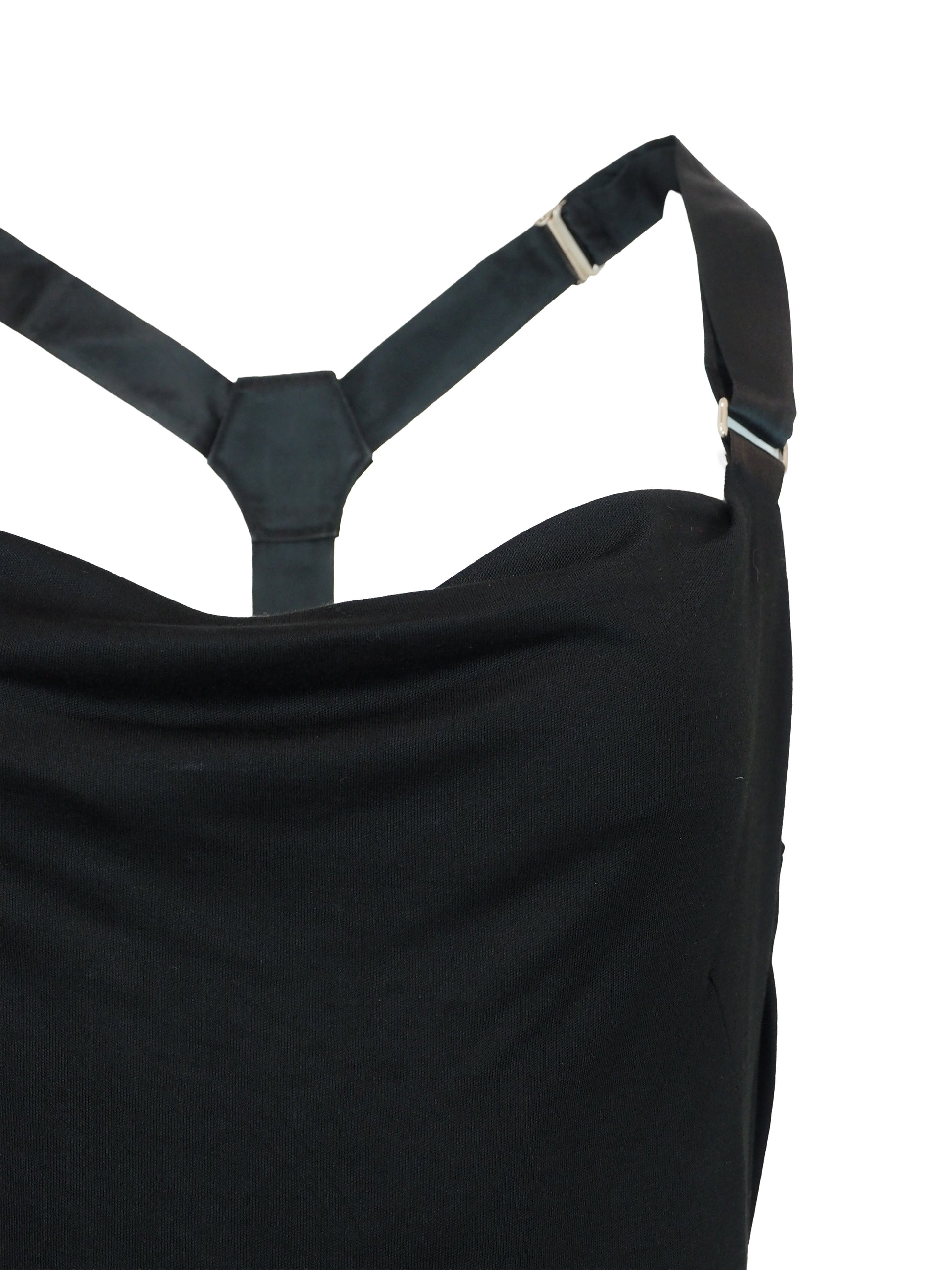 A vintage Alexander McQueen black sleeveless cowl-neck dress with double suspender shoulder straps and a crisscross back detail, shown against a plain white background.