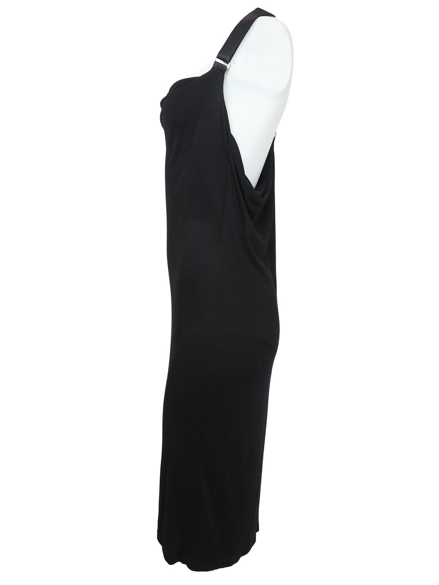 A vintage Alexander McQueen black sleeveless cowl-neck dress with double suspender shoulder straps and a crisscross back detail, shown against a plain white background.