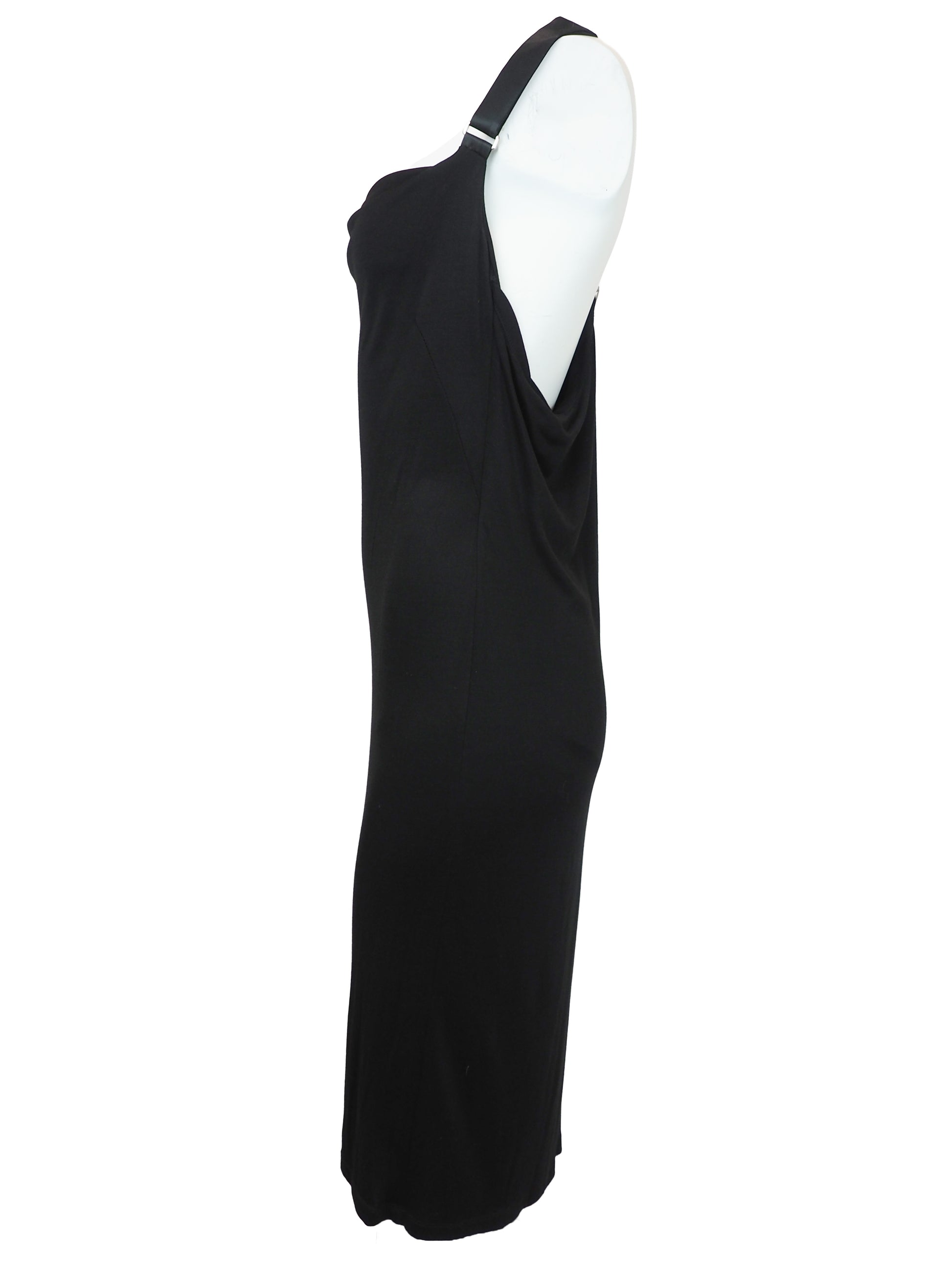 A vintage Alexander McQueen black sleeveless cowl-neck dress with double suspender shoulder straps and a crisscross back detail, shown against a plain white background.