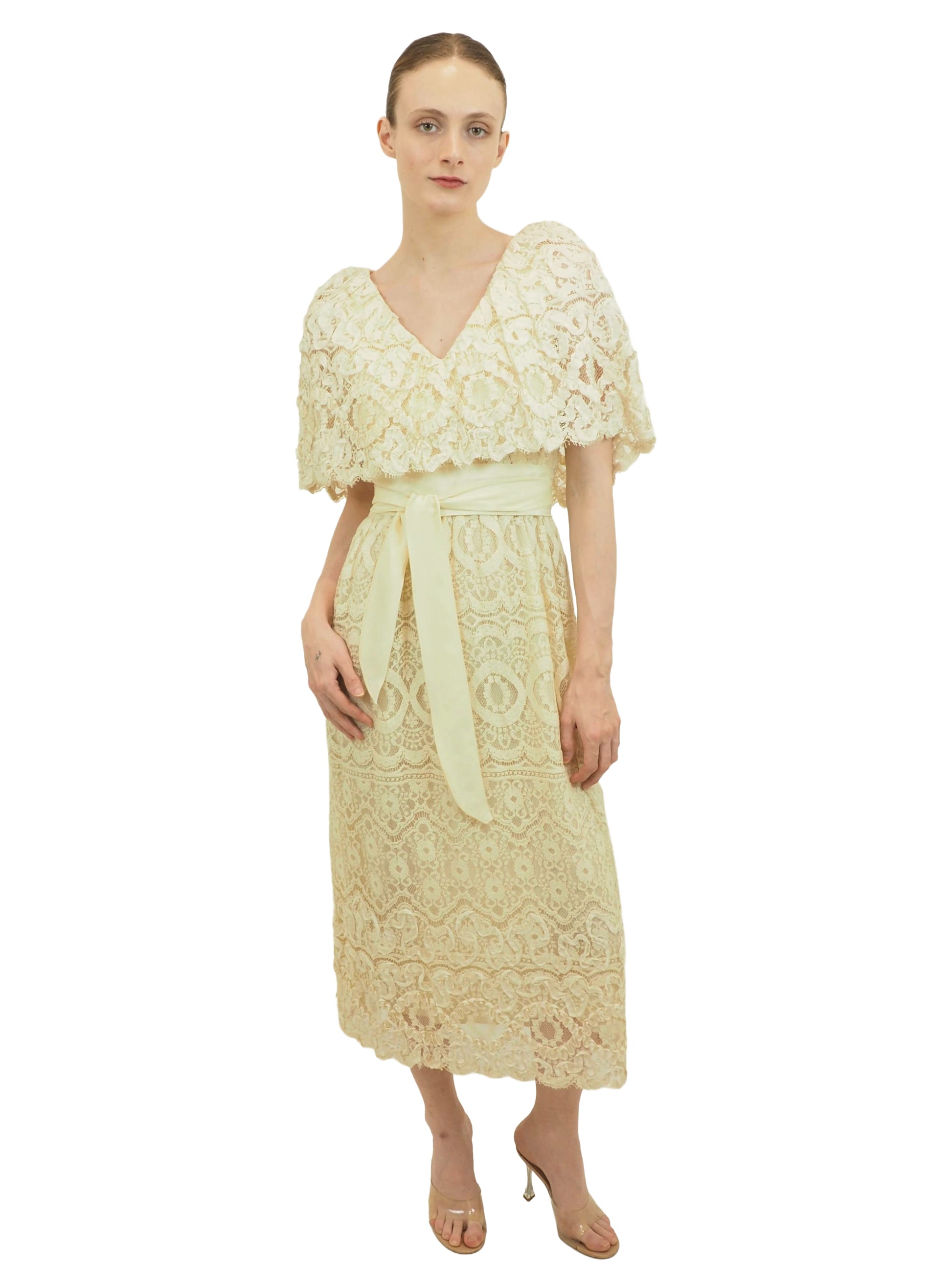 Morton Myles Cream Lace Dress W Satin Belt