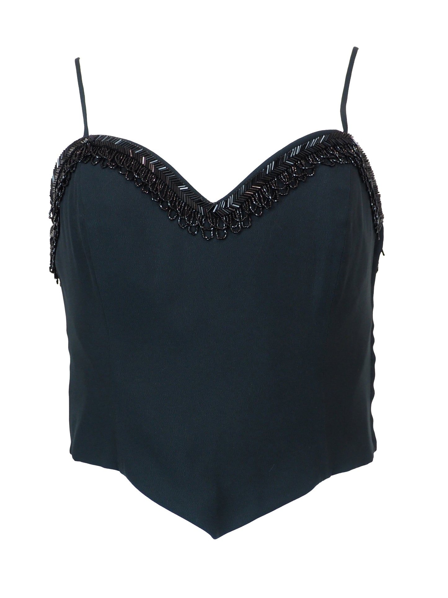 A vintage moschino black camisole top with thin spaghetti straps and a sweetheart neckline, decorated with black beaded fringe trim along the neckline 