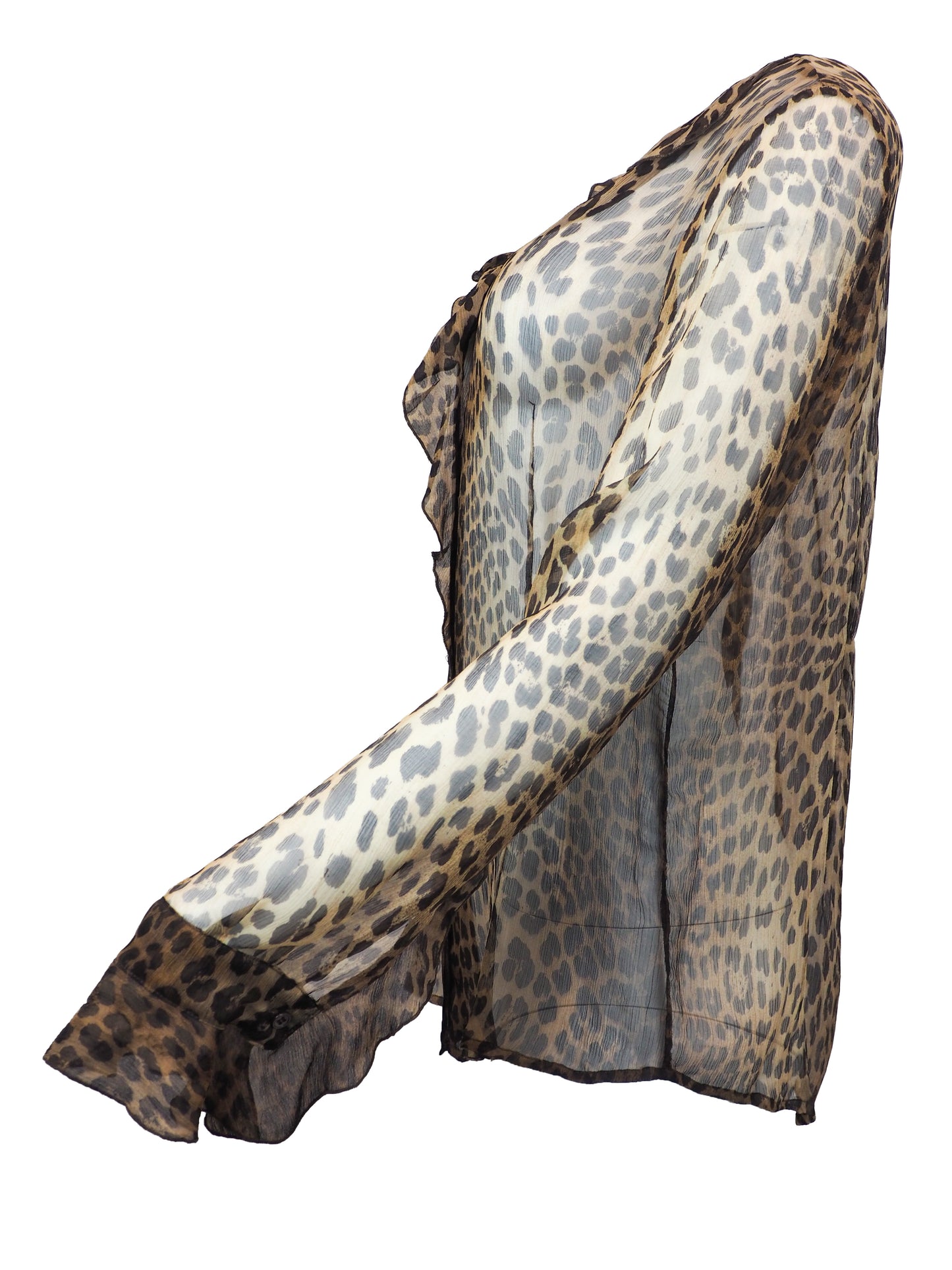A vintage moschino sheer leopard-print blouse with a ruffled collar, button-front center panel, and matching ruffled cuffs