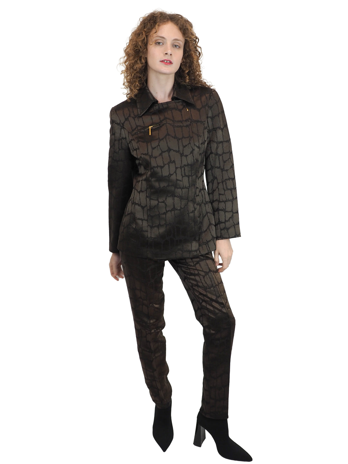 A vintage 1980's Mondi matching dark brown and black textured suit with a collared jacket, mini skirt and trousers