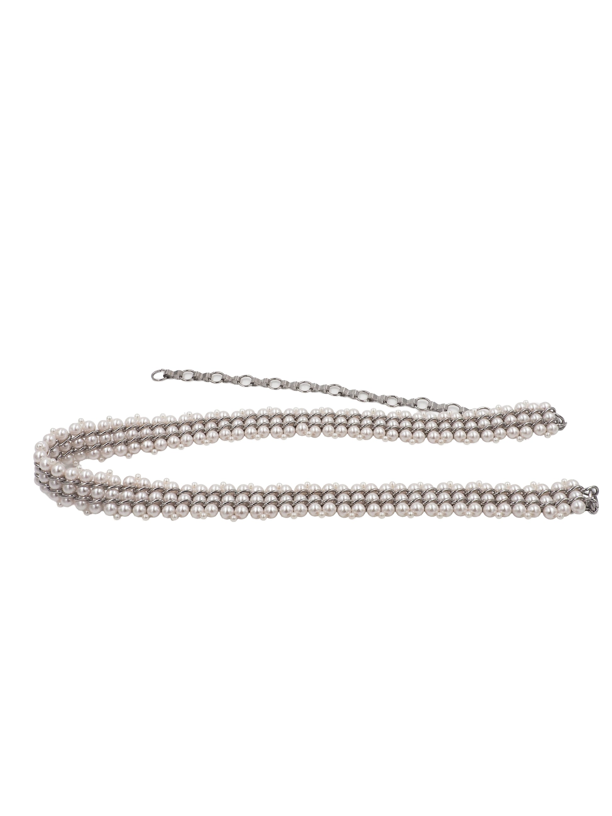 A vintage multi-strand pearl belt with a silver-tone chain extender clasp