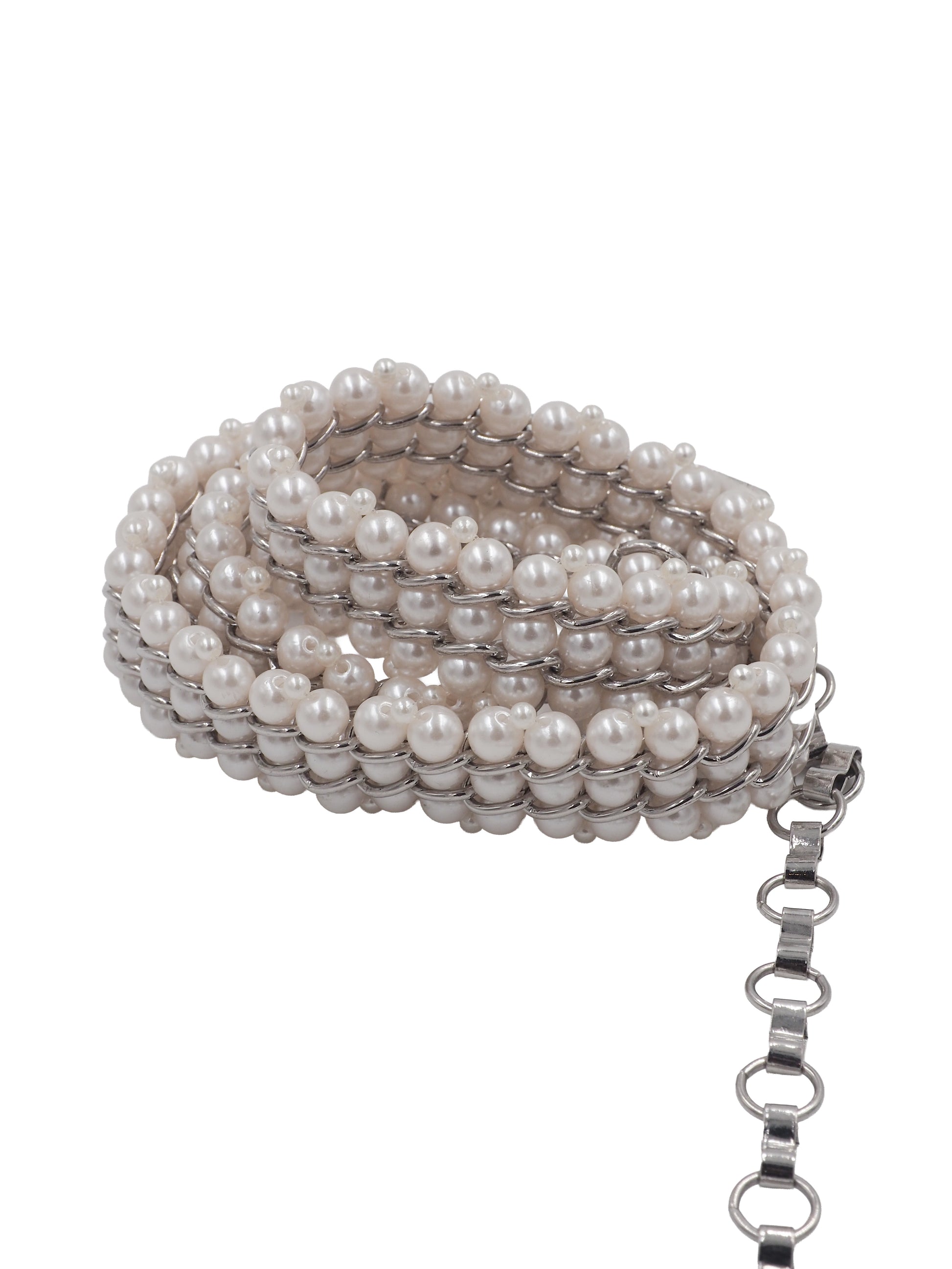 A vintage multi-strand pearl belt with a silver-tone chain extender clasp