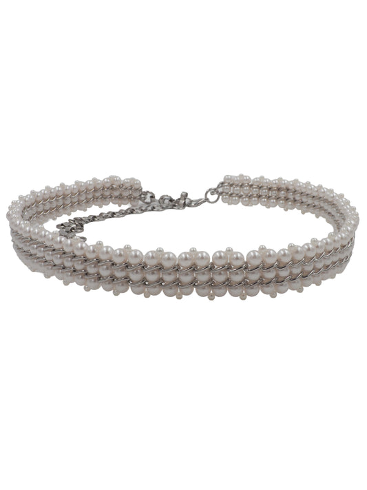 A vintage multi-strand pearl belt with a silver-tone chain extender clasp