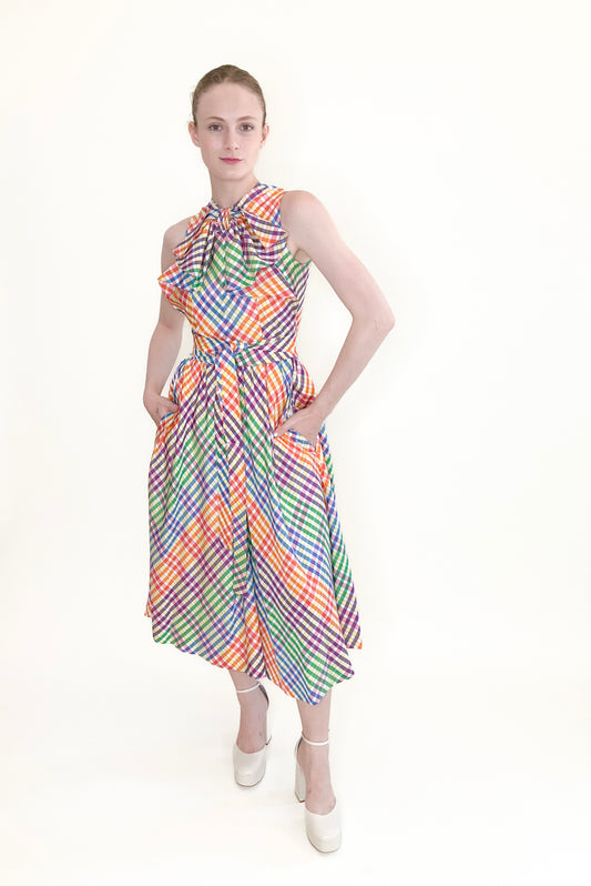 Geoffrey Beene 1970s Rainbow Plaid Dress With Bow Neckline