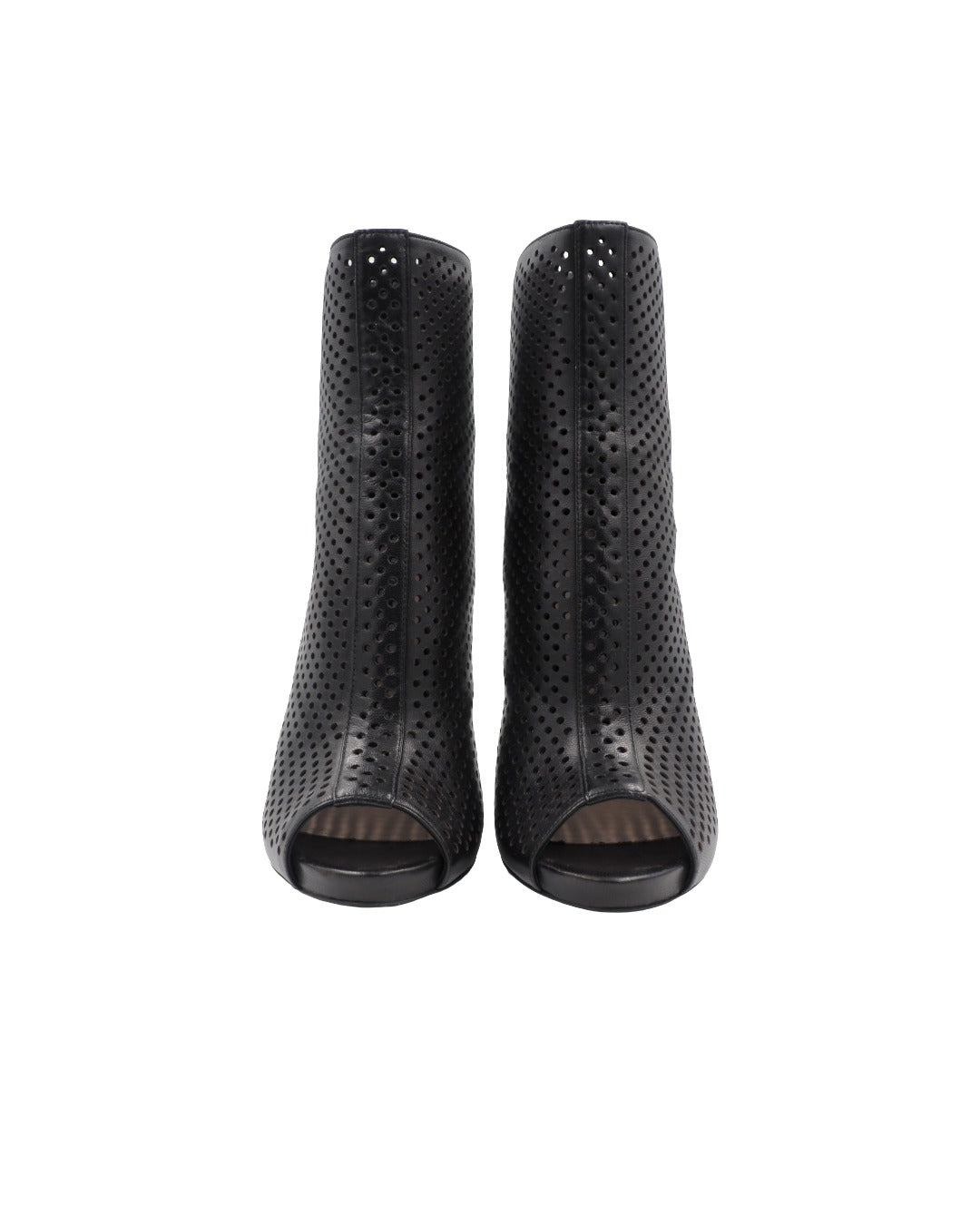 Prada Black Leather Open Toe Eyelet Booties