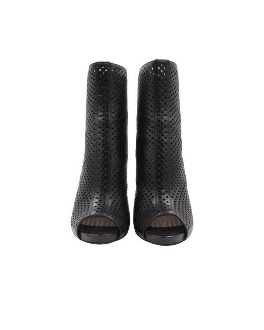 Prada Black Leather Open Toe Eyelet Booties