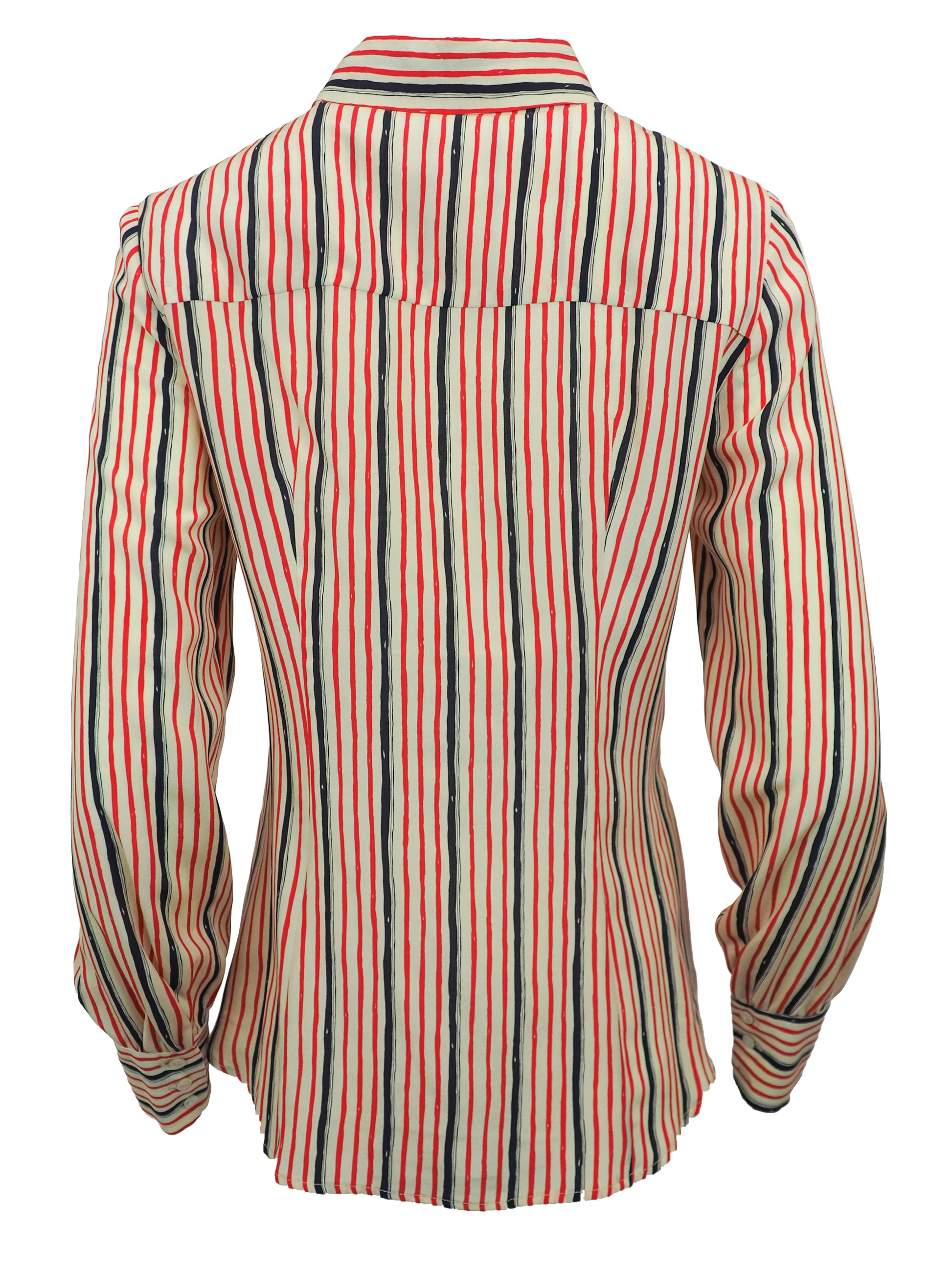 A women's vintage Prada long-sleeve button-up shirt with vertical stripes in red, black, and white, featuring a pointed collar and button-front closure.