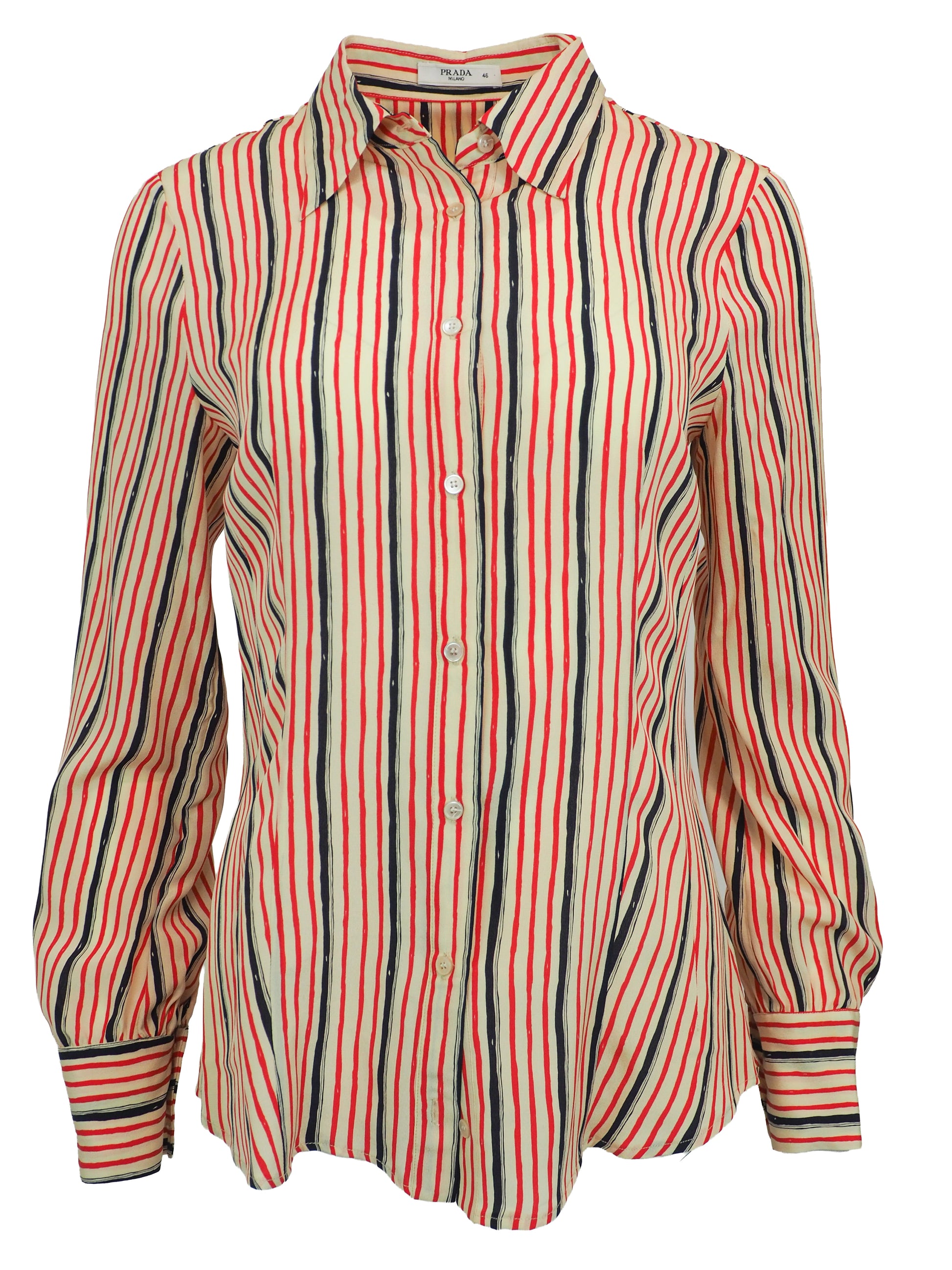 A women's vintage Prada long-sleeve button-up shirt with vertical stripes in red, black, and white, featuring a pointed collar and button-front closure.