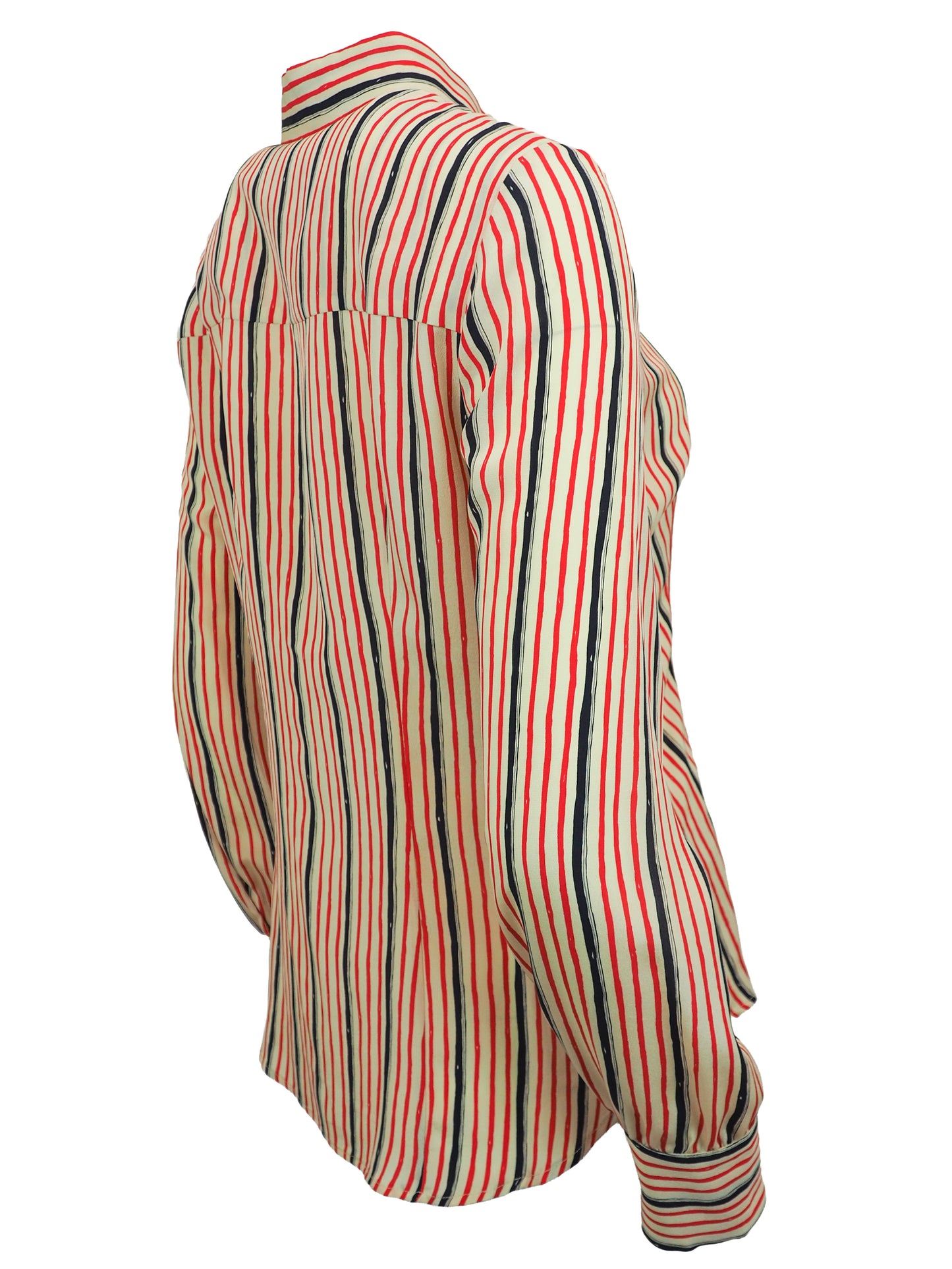A women's vintage Prada long-sleeve button-up shirt with vertical stripes in red, black, and white, featuring a pointed collar and button-front closure.