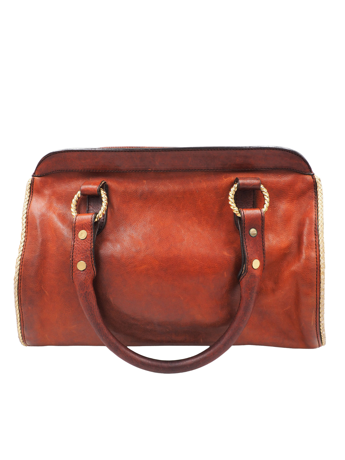 A vintage Roberto cavalli brown leather duffel-style handbag with rope handles and gold-tone hardware