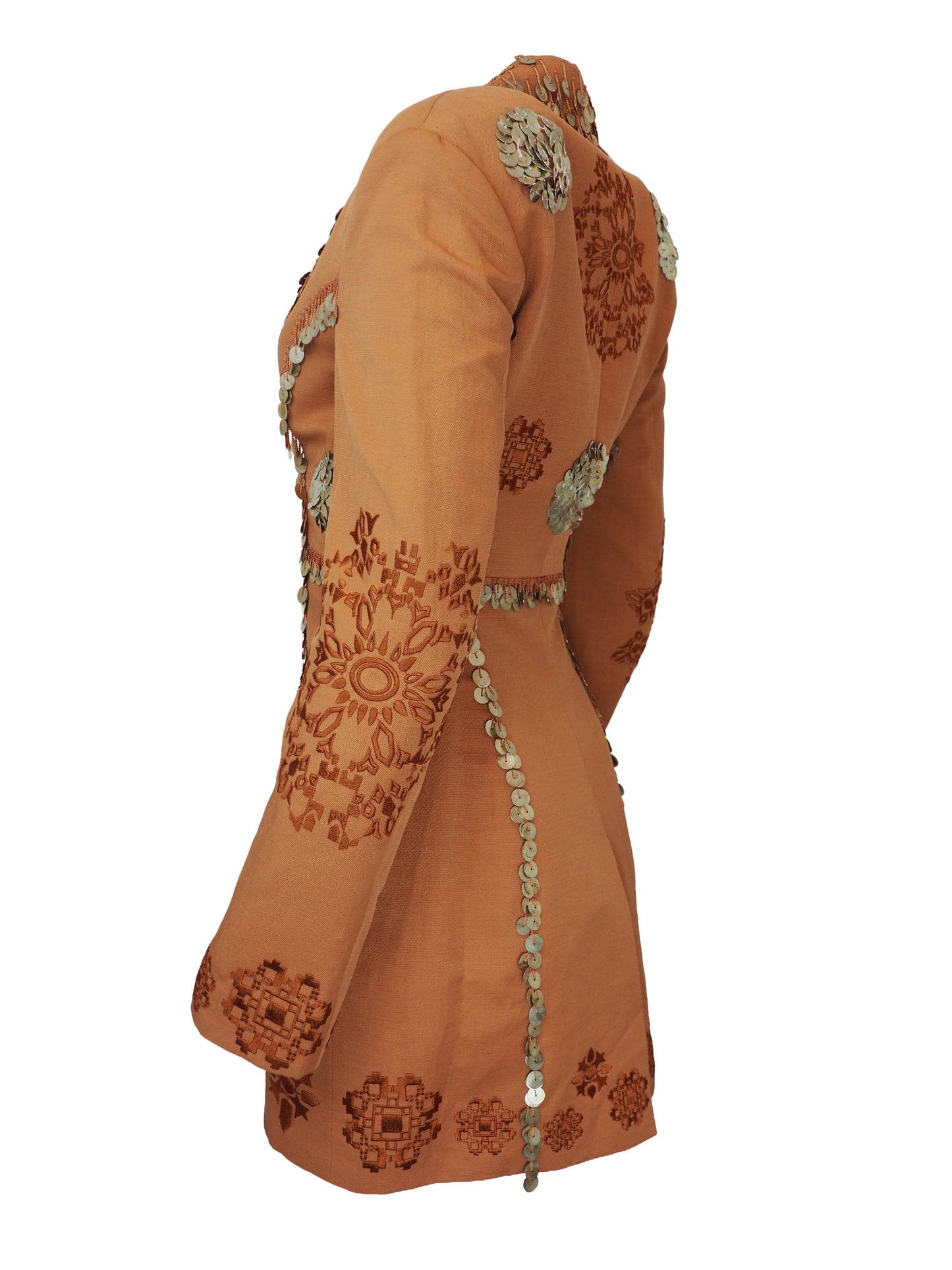 A vintage Roberto cavalli blazer from 2019 rust-orange tailored jacket embellished with silver coin fringe and brown embroidered floral patterns