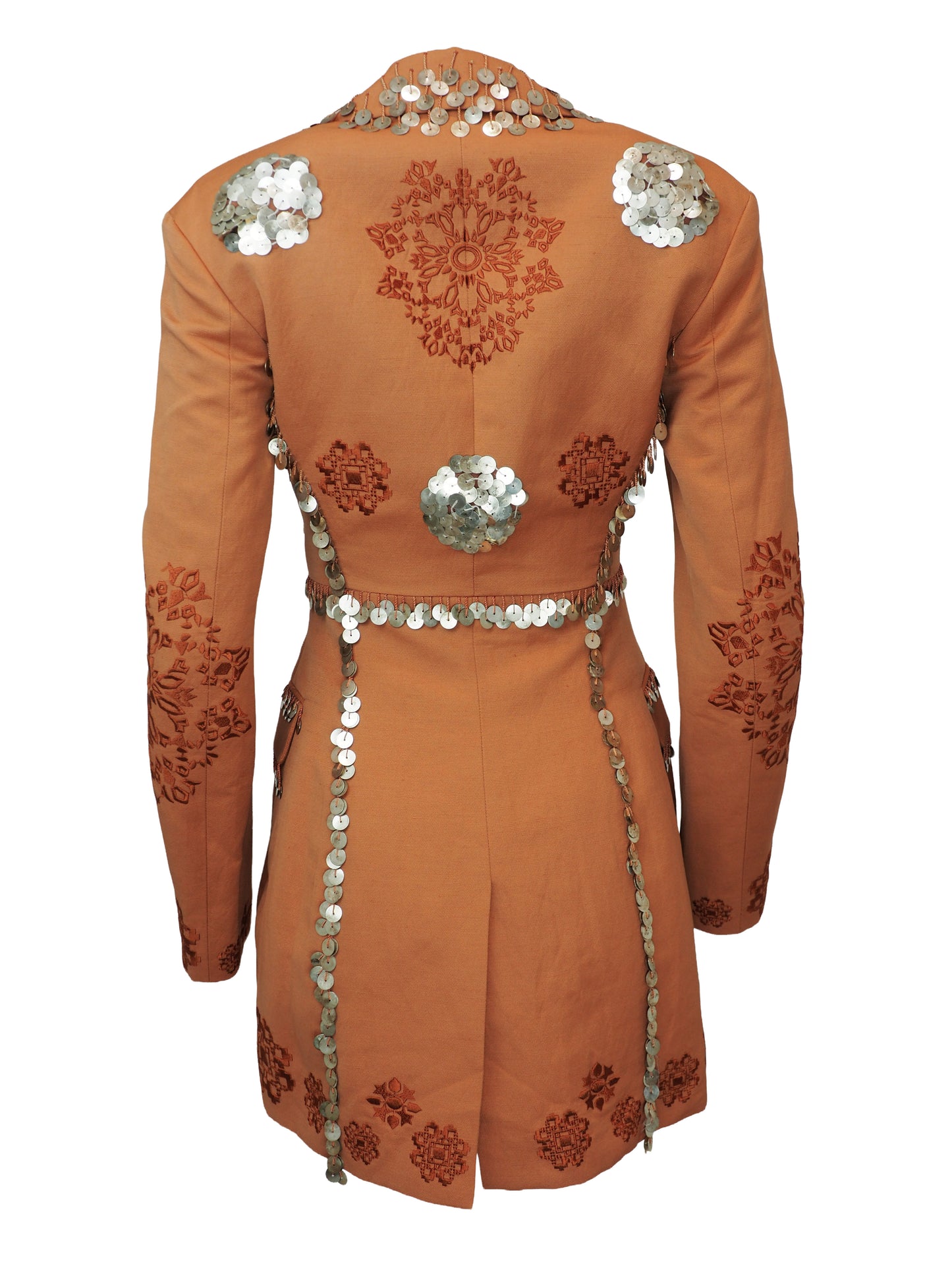 A vintage Roberto cavalli blazer from 2019 rust-orange tailored jacket embellished with silver coin fringe and brown embroidered floral patterns