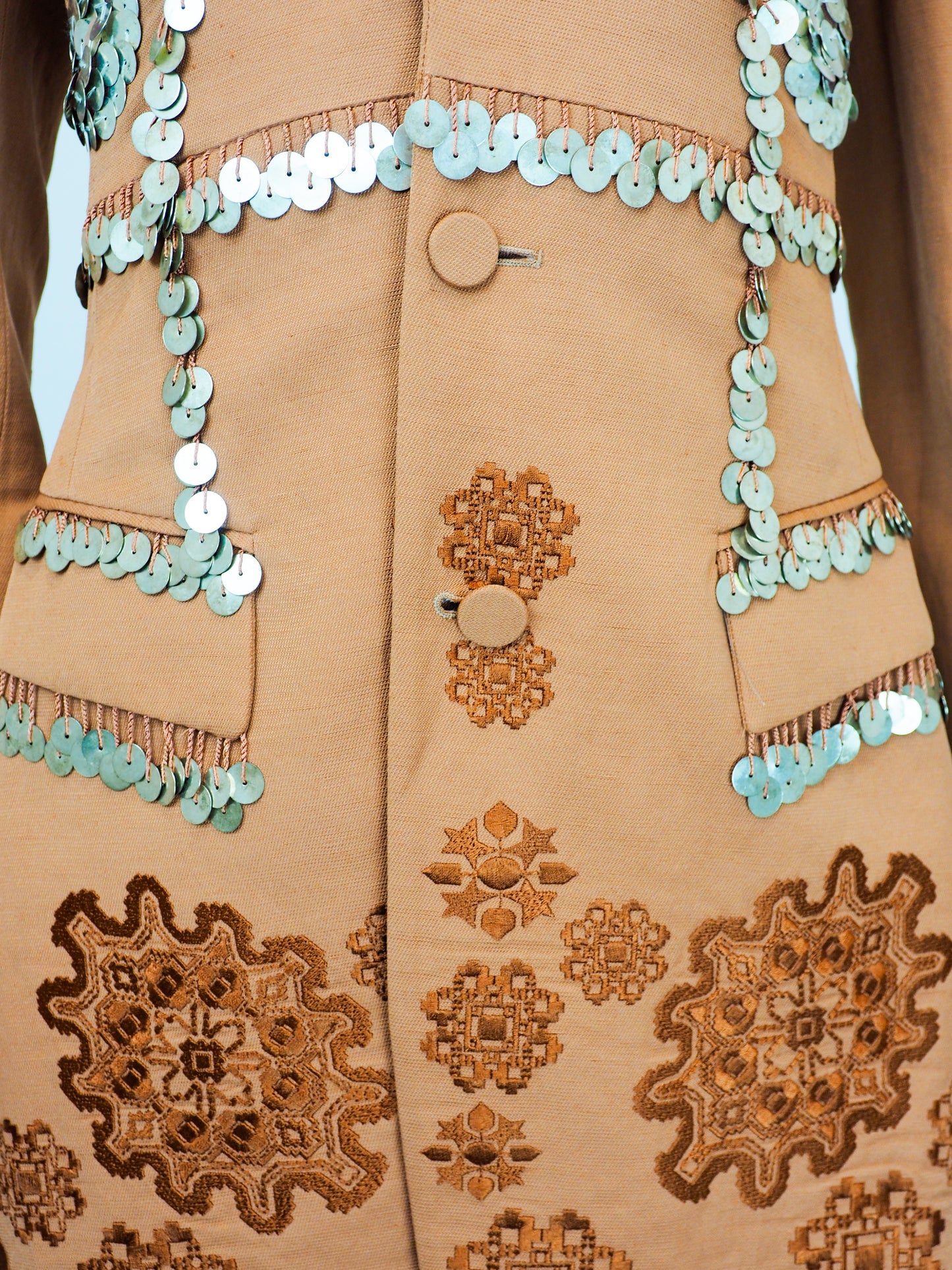 A vintage Roberto cavalli blazer from 2019 rust-orange tailored jacket embellished with silver coin fringe and brown embroidered floral patterns