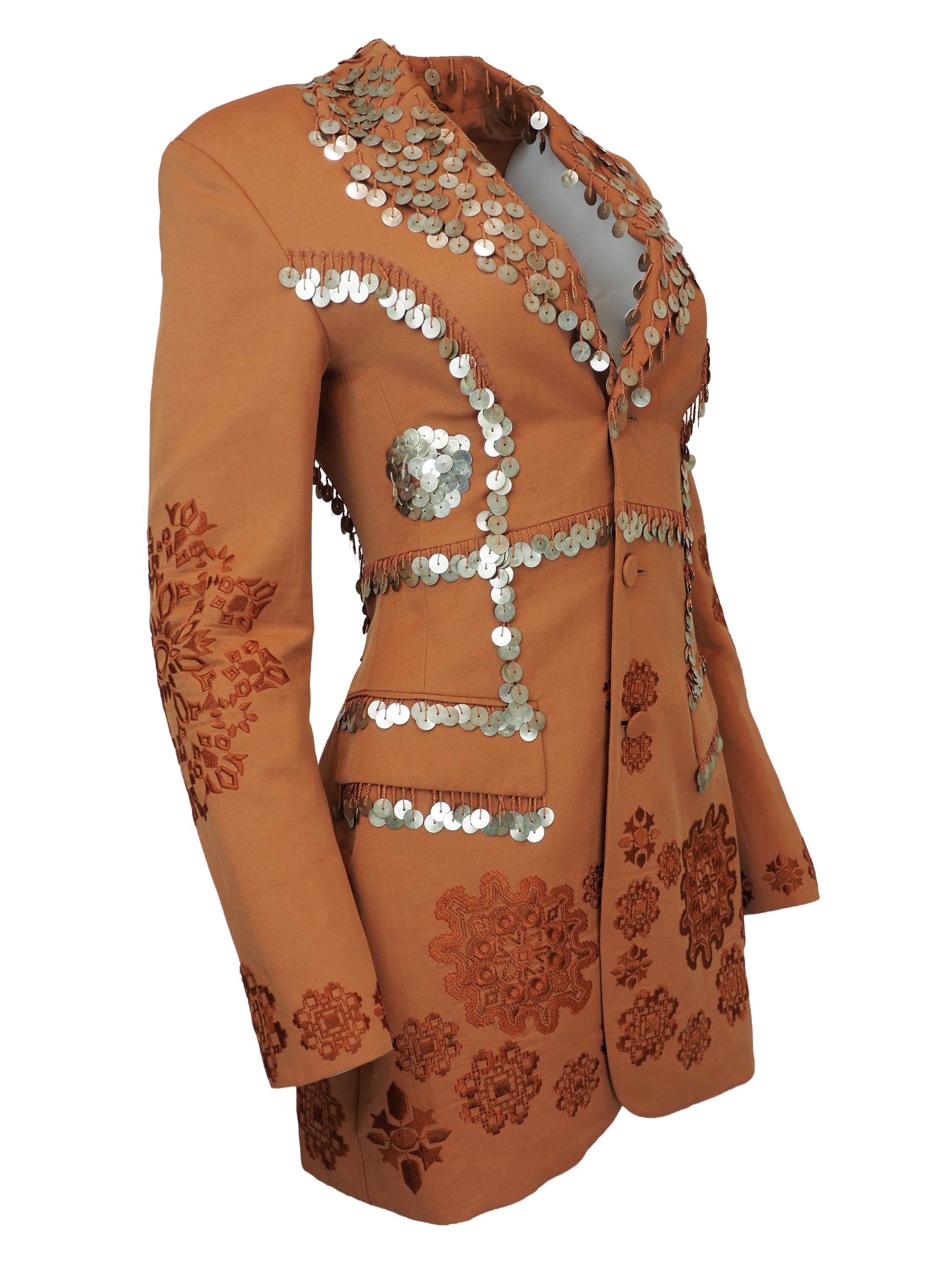 A vintage Roberto cavalli blazer from 2019 rust-orange tailored jacket embellished with silver coin fringe and brown embroidered floral patterns