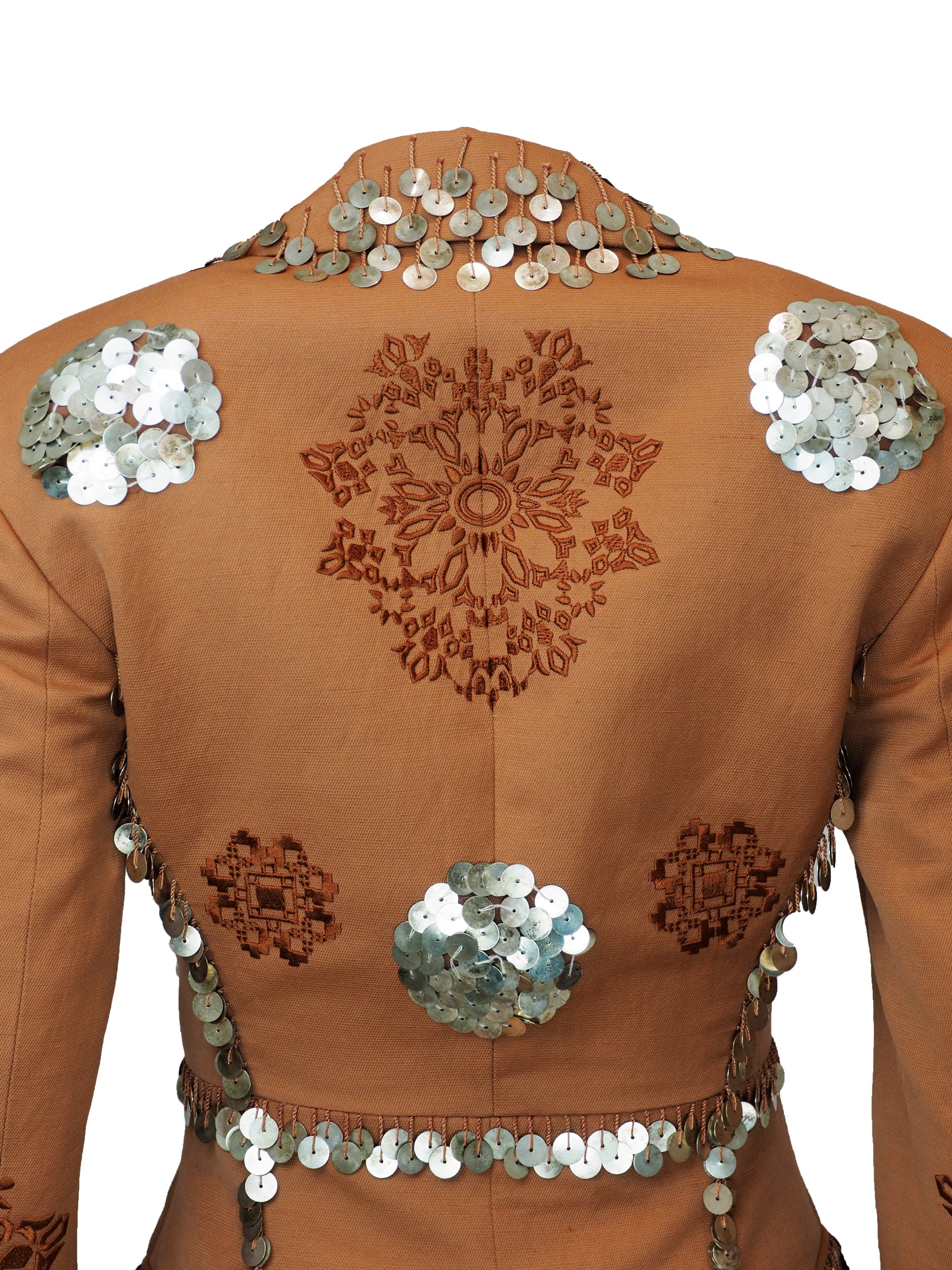 A vintage Roberto cavalli blazer from 2019 rust-orange tailored jacket embellished with silver coin fringe and brown embroidered floral patterns