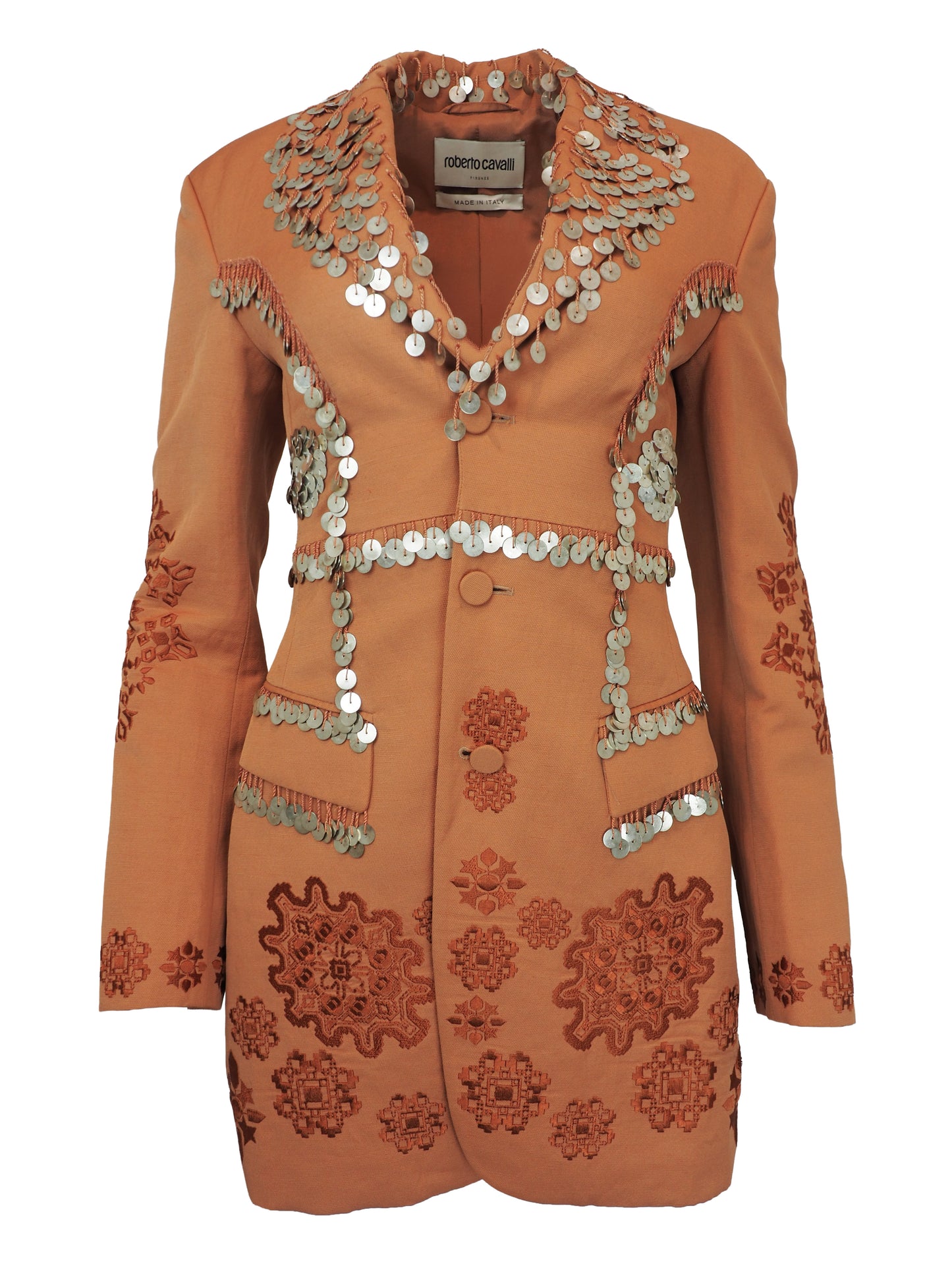A vintage Roberto cavalli blazer from 2019 rust-orange tailored jacket embellished with silver coin fringe and brown embroidered floral patterns