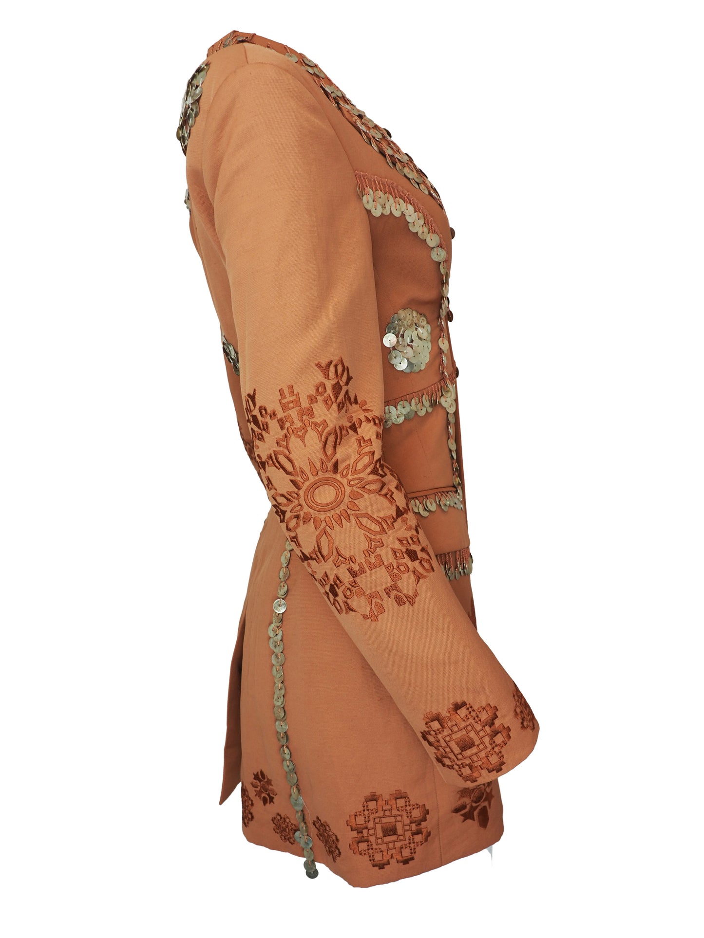 A vintage Roberto cavalli blazer from 2019 rust-orange tailored jacket embellished with silver coin fringe and brown embroidered floral patterns
