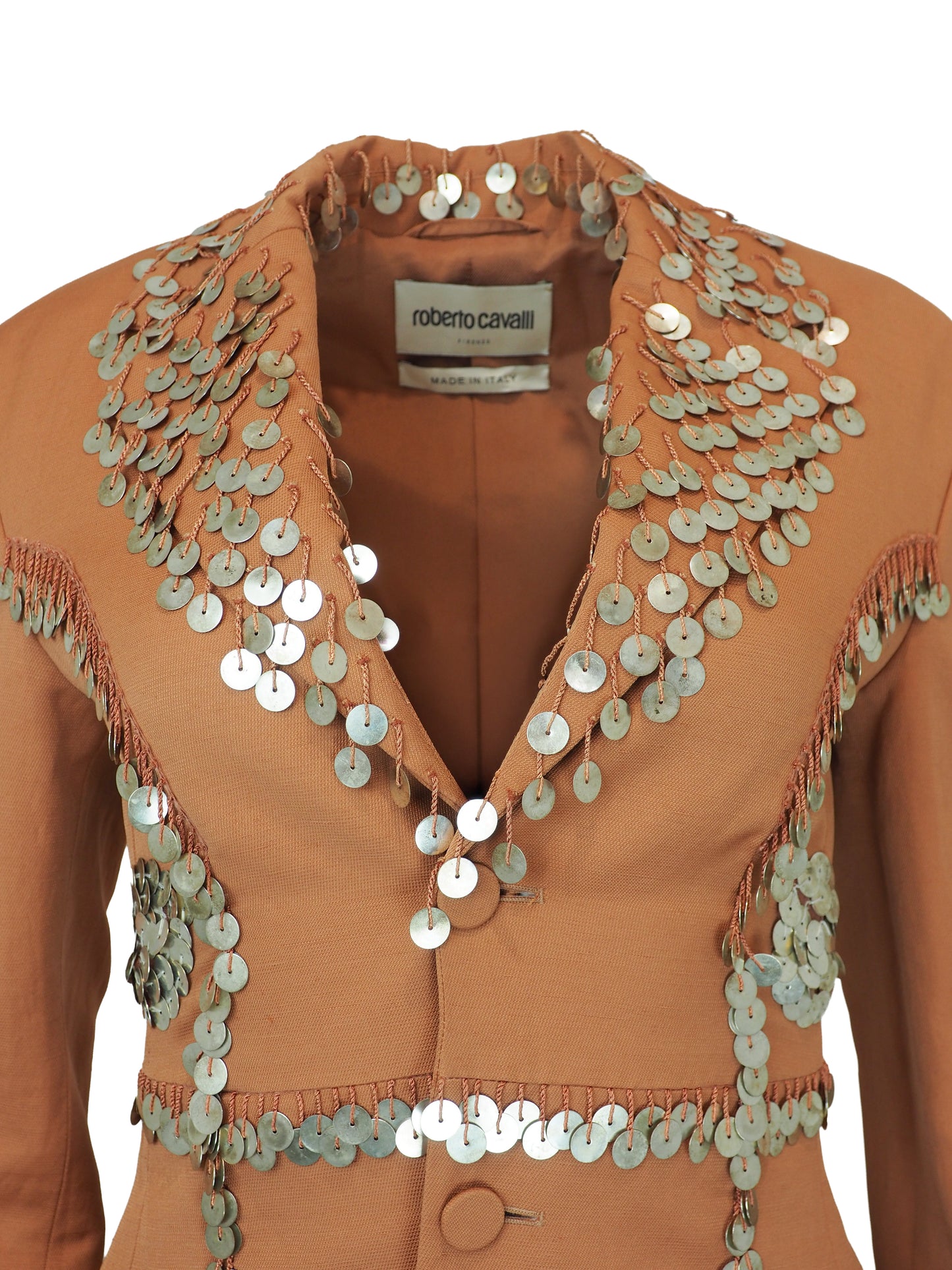 A vintage Roberto cavalli blazer from 2019 rust-orange tailored jacket embellished with silver coin fringe and brown embroidered floral patterns