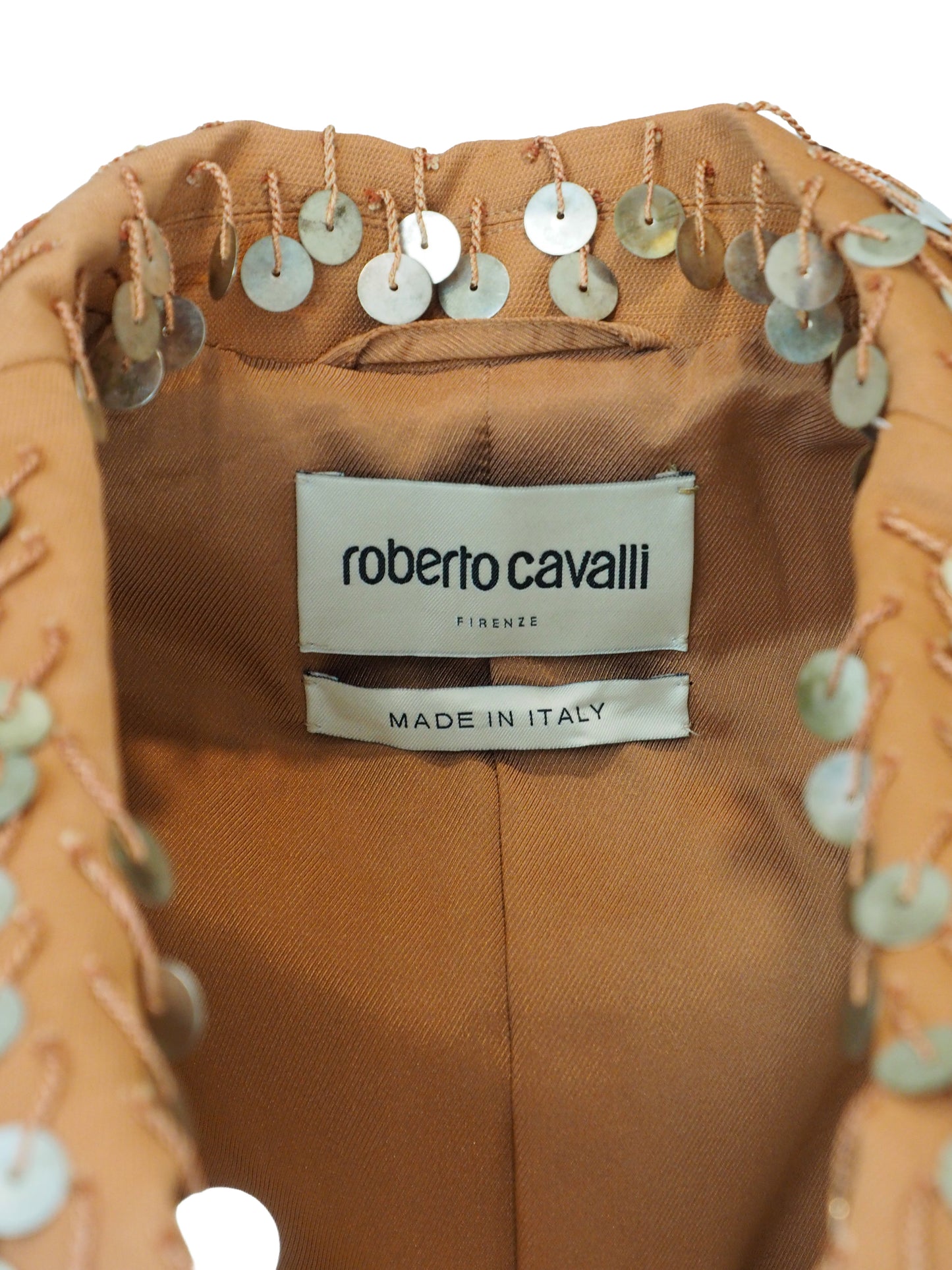 A vintage Roberto cavalli blazer from 2019 rust-orange tailored jacket embellished with silver coin fringe and brown embroidered floral patterns