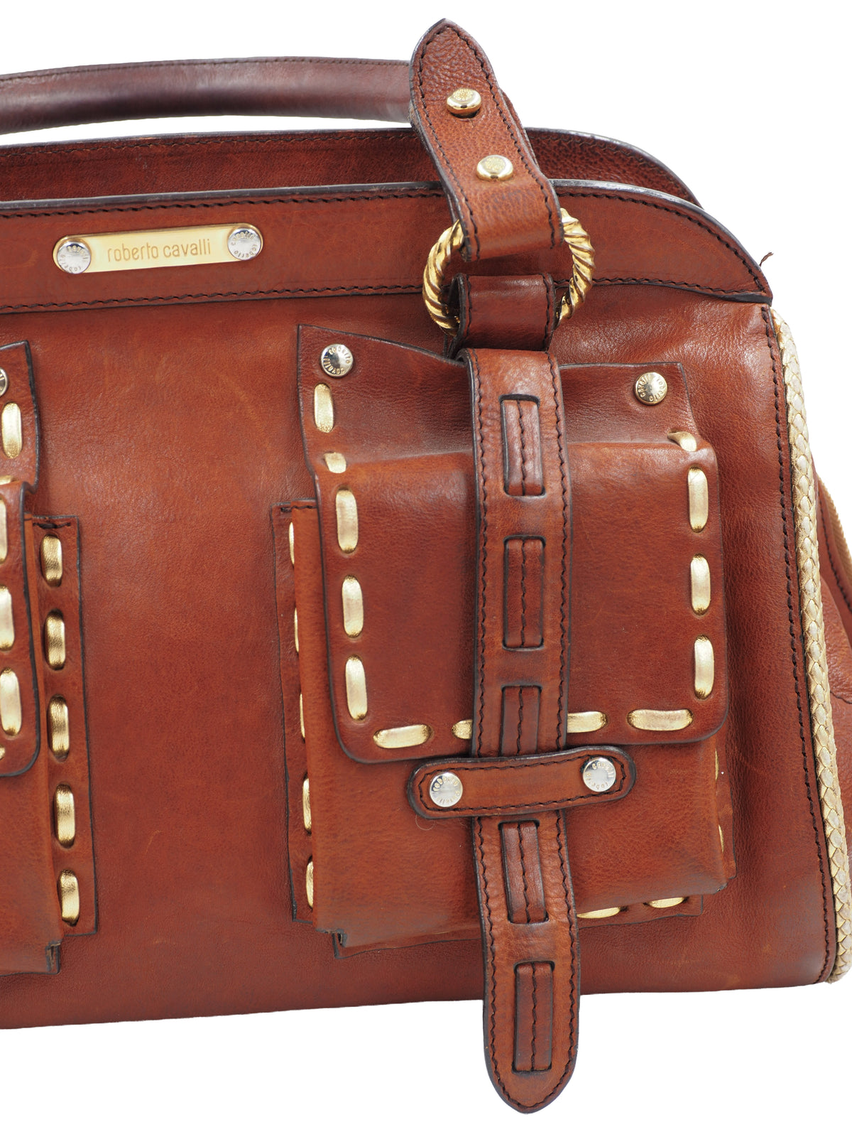 A vintage Roberto cavalli brown leather duffel-style handbag with rope handles and gold-tone hardware
