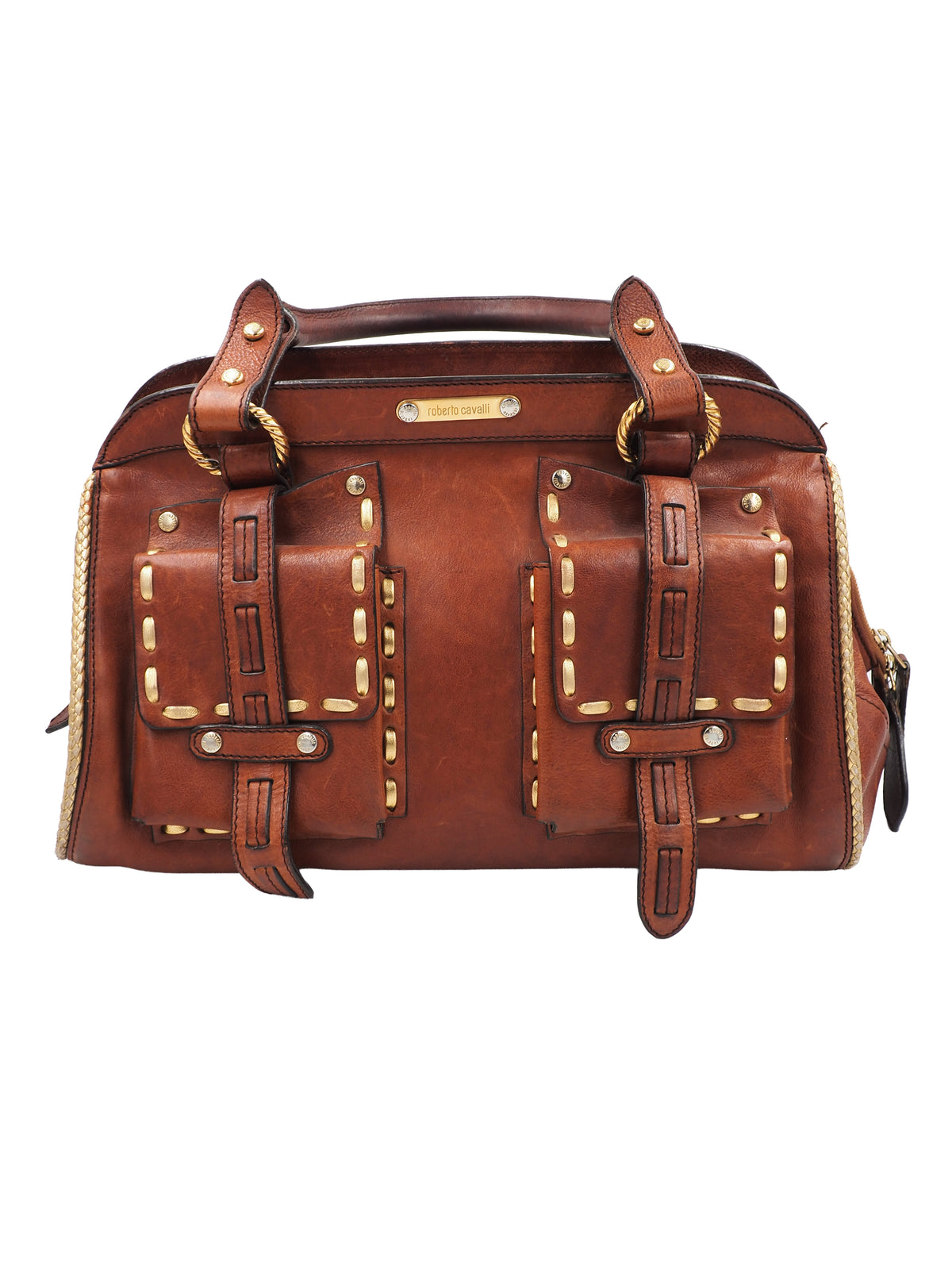 A vintage Roberto cavalli brown leather duffel-style handbag with rope handles and gold-tone hardware