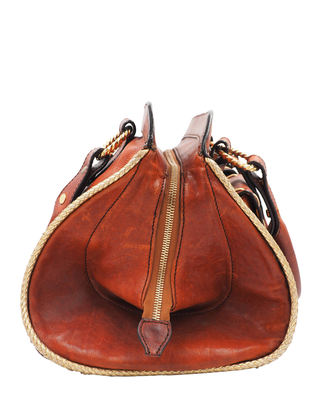 A vintage Roberto cavalli brown leather duffel-style handbag with rope handles and gold-tone hardware