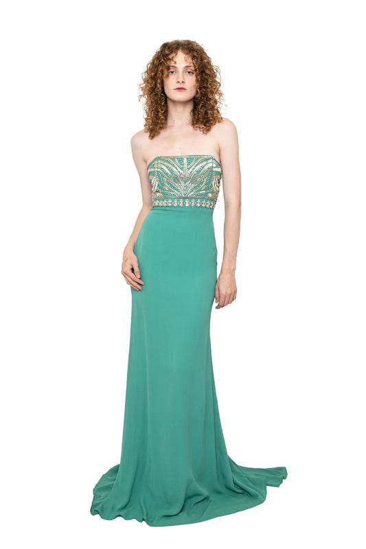 Roberto cavalli mint strapless gown, bridesmaid dress, green, blue, rhinestone, sparkle, long dress, maxi dress, formal
