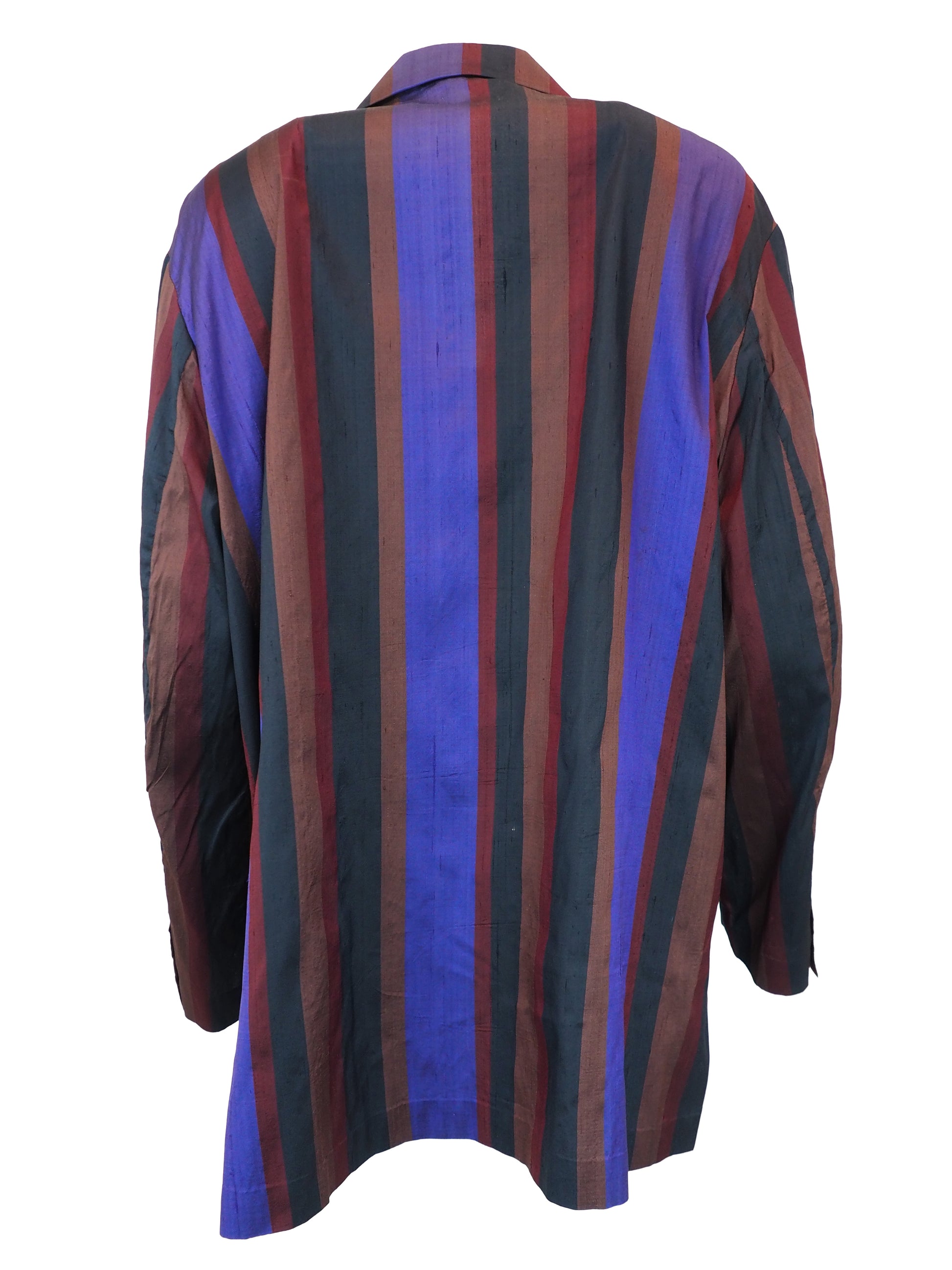 Romeo Gigli Vintage. A long-sleeve striped blazer with vertical stripes in purple, rust red, and black, featuring a three-button front closure and flap pockets.