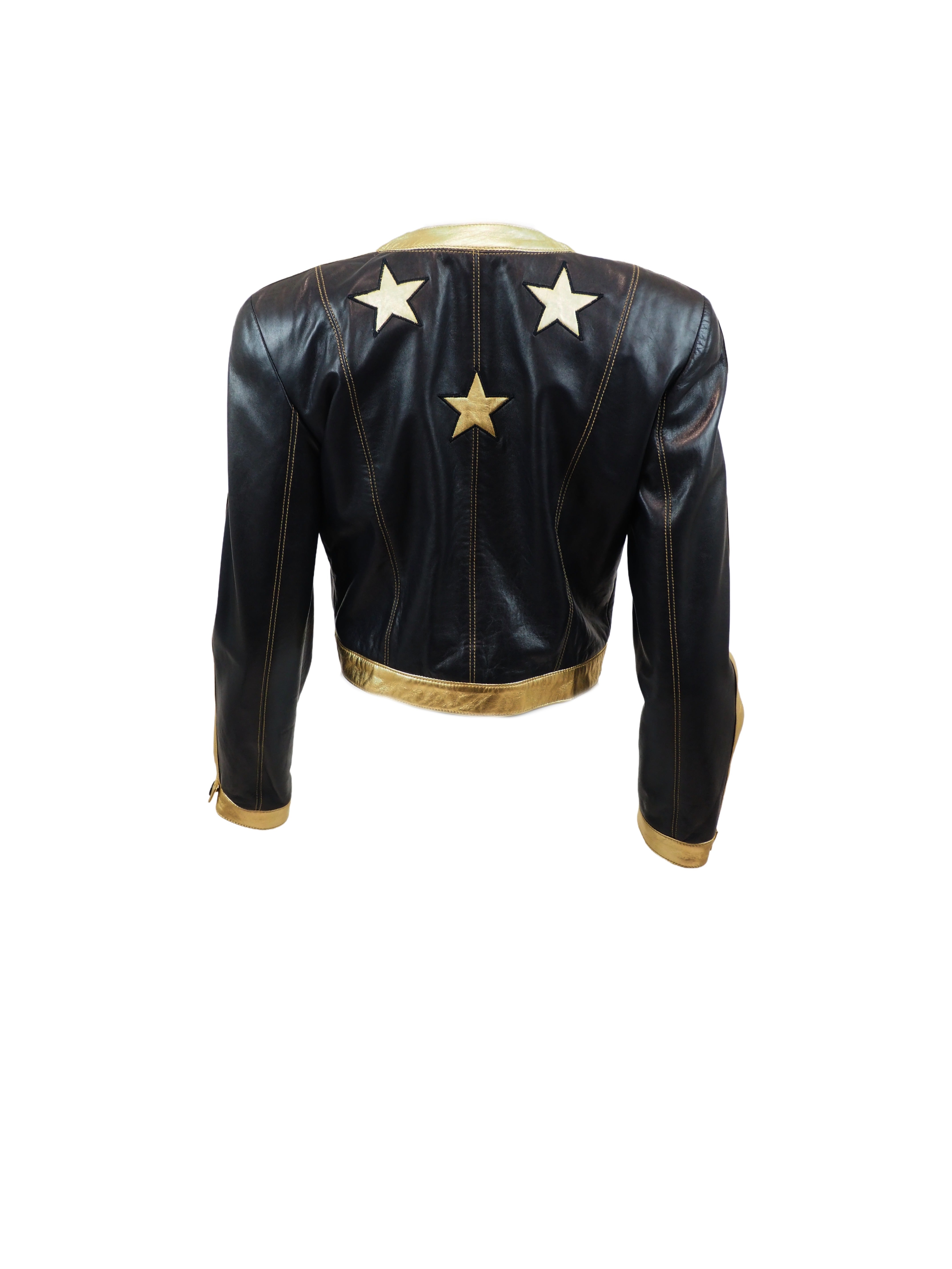 S/S 1991 Escada Black Leather Moto Jacket With Gold Trim & Stars
