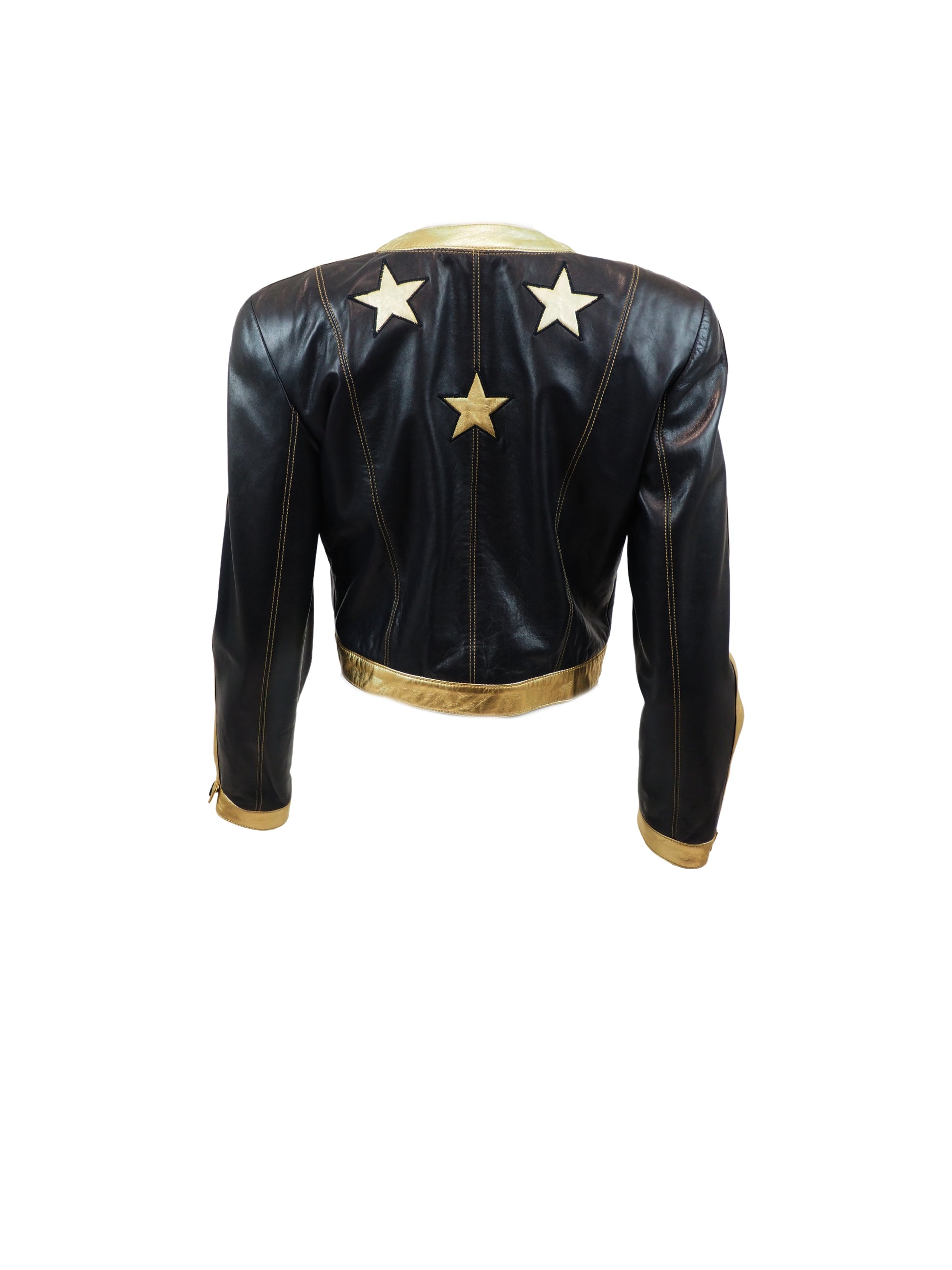S/S 1991 Escada Black Moto Jacket With Gold Trim & Stars