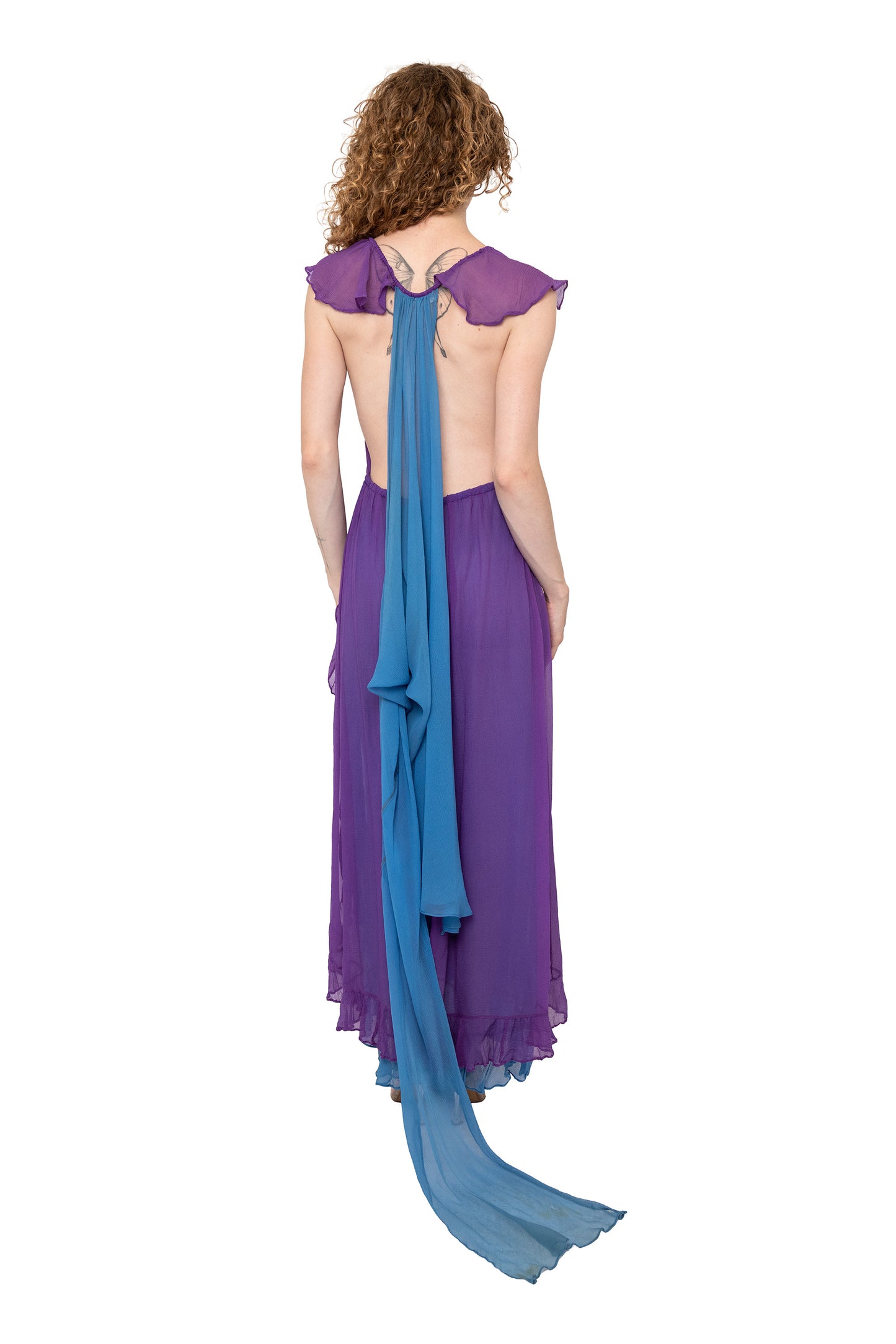vintage yves saint laurent maxi dress fro 1980, 80s, runway, designer, purple, blue, formal gown