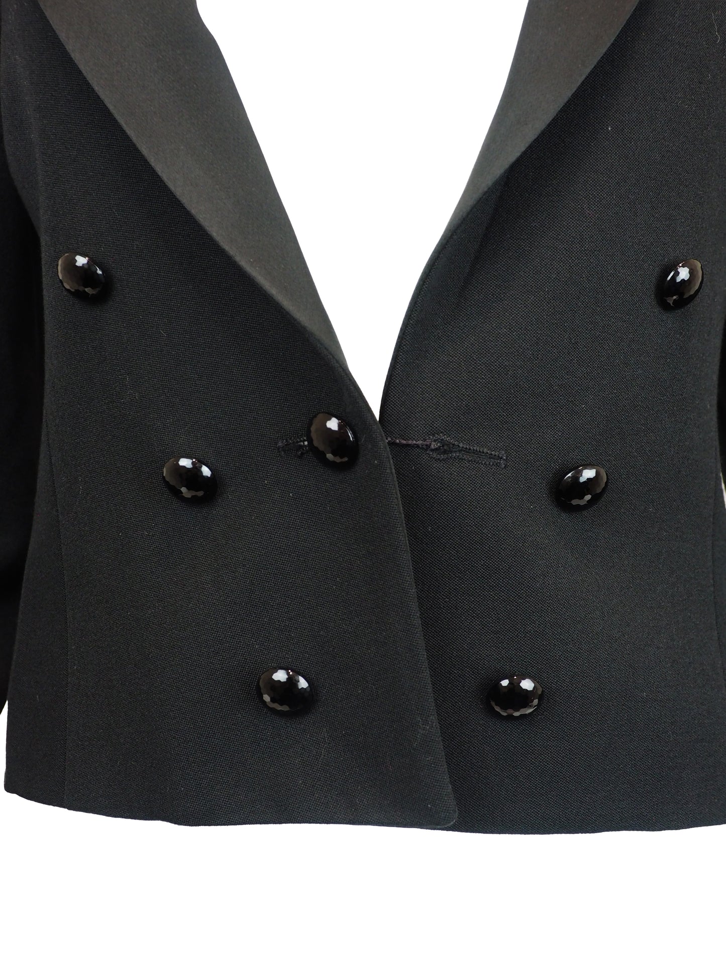 A vintage saint laurent black double-breasted blazer with satin peak lapels