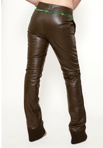 Miu Miu Brown Leather Pants with Ribbed Cuff