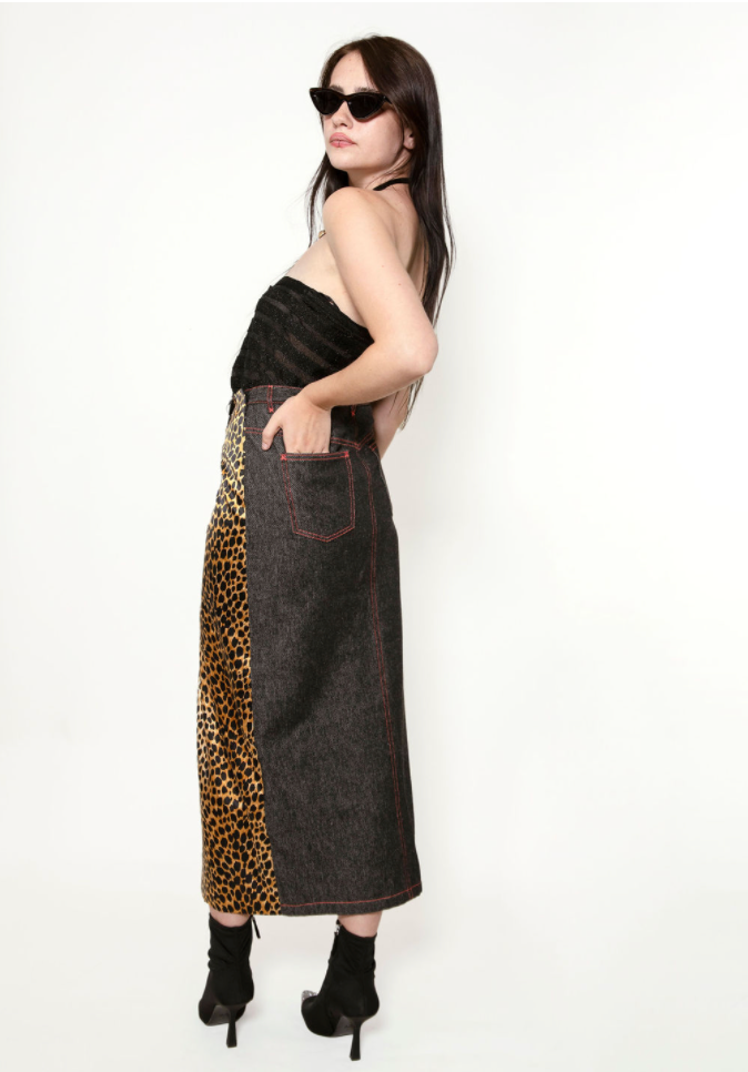 Dolce & Gabbana Leopard Print & Denim Pencil Skirt