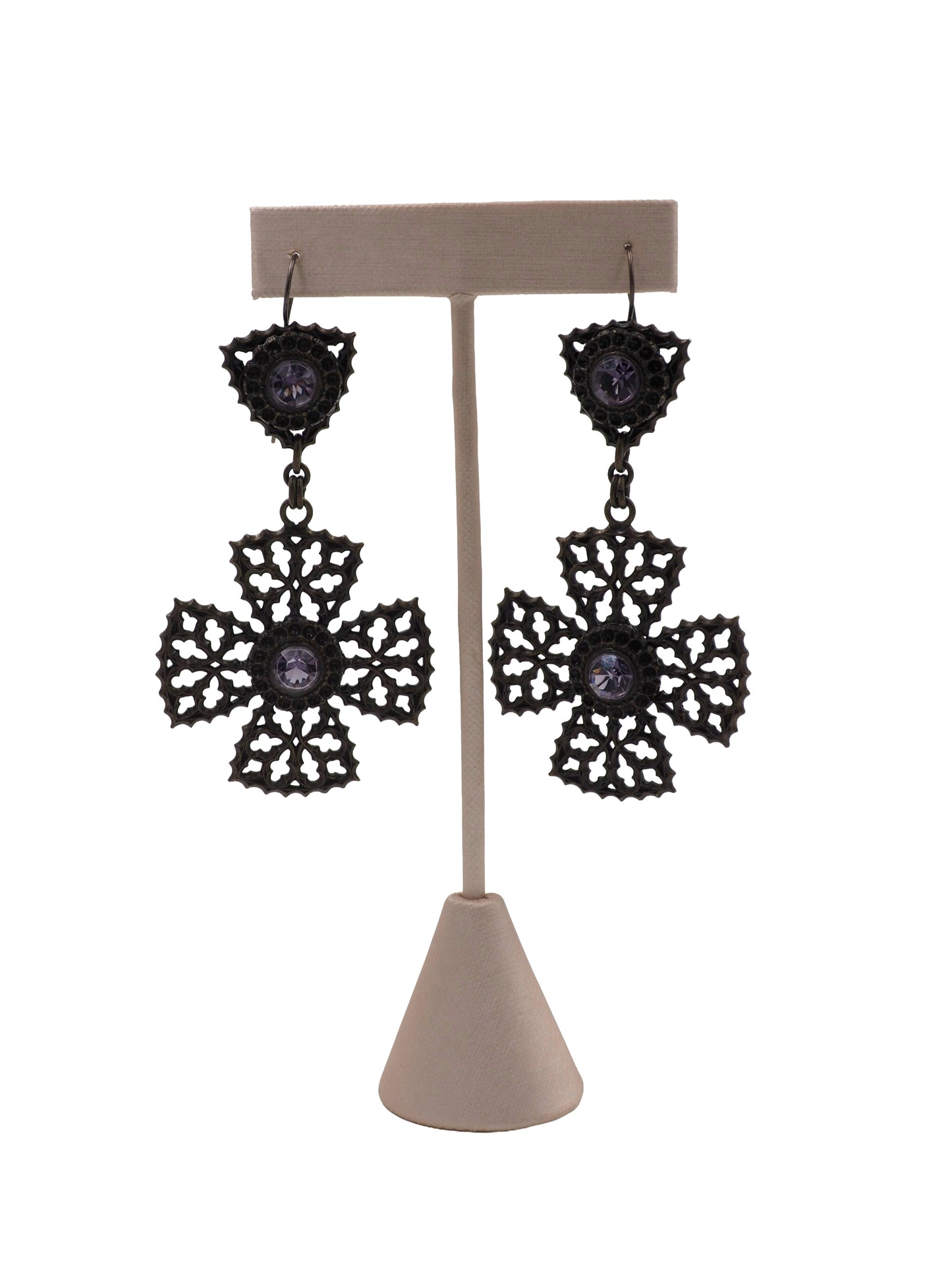 Silver Cross Earrings With Purple Center Stone