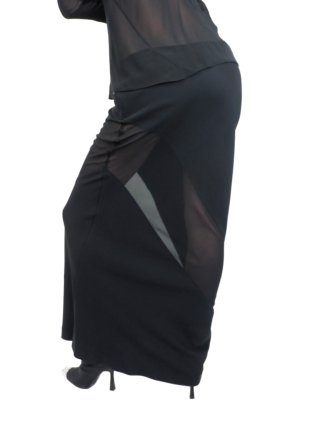 A vintage 90s tom ford for gucci black sheer long-sleeve blouse and a matching black maxi skirt with sheer side panels