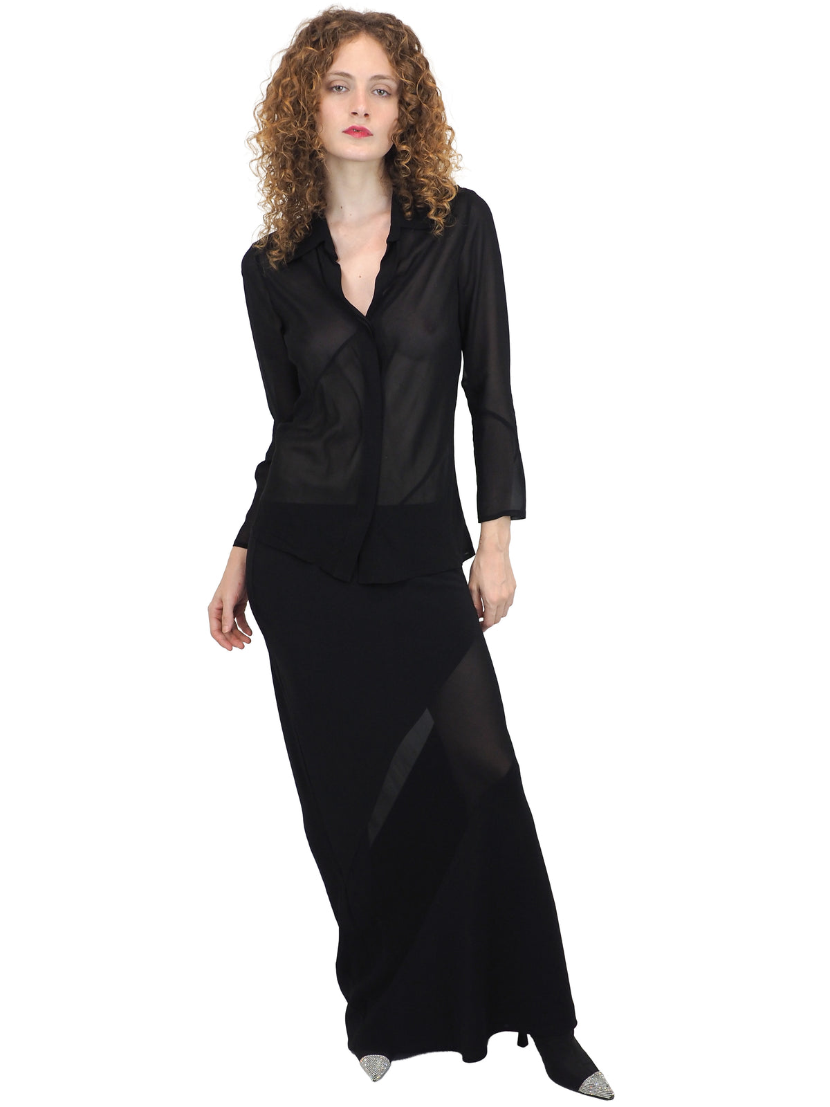 A vintage 90s tom ford for gucci black sheer long-sleeve blouse and a matching black maxi skirt with sheer side panels