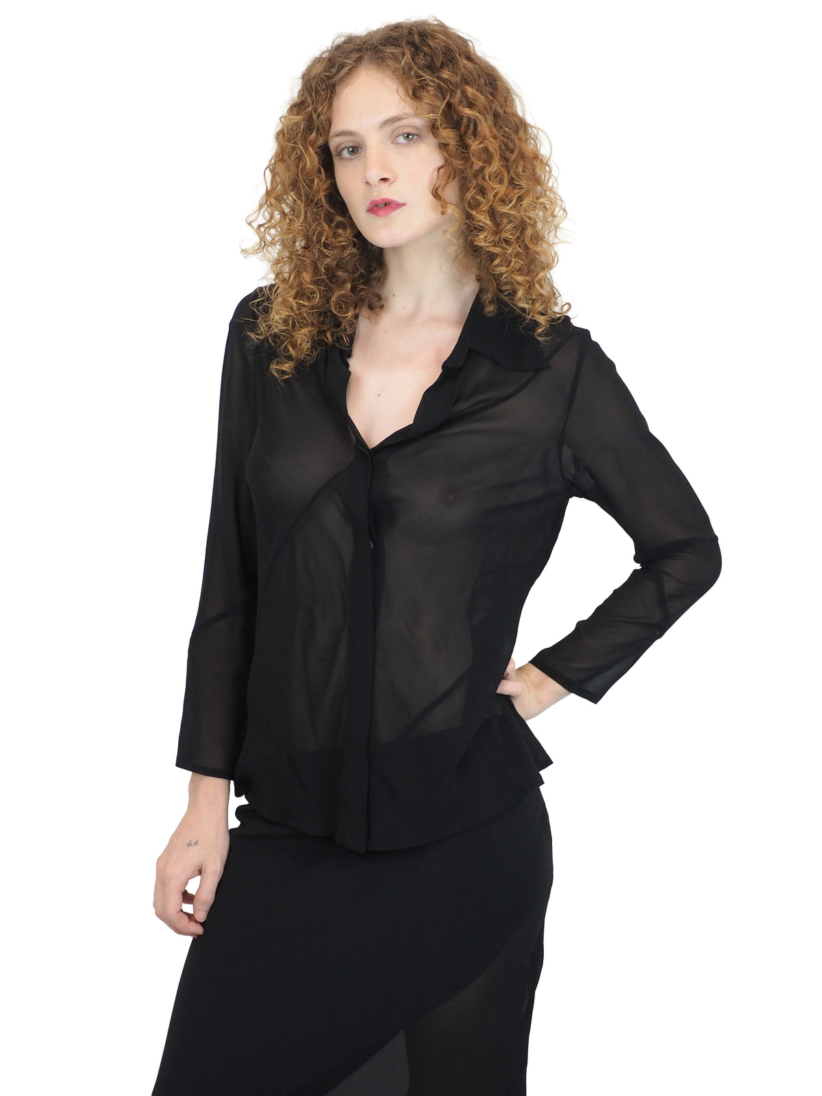A vintage 90s tom ford for gucci black sheer long-sleeve blouse and a matching black maxi skirt with sheer side panels
