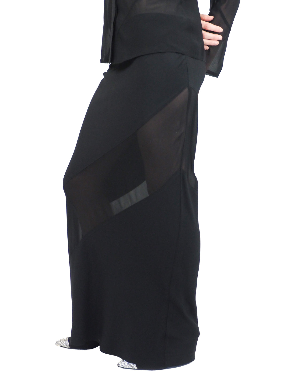 A vintage 90s tom ford for gucci black sheer long-sleeve blouse and a matching black maxi skirt with sheer side panels