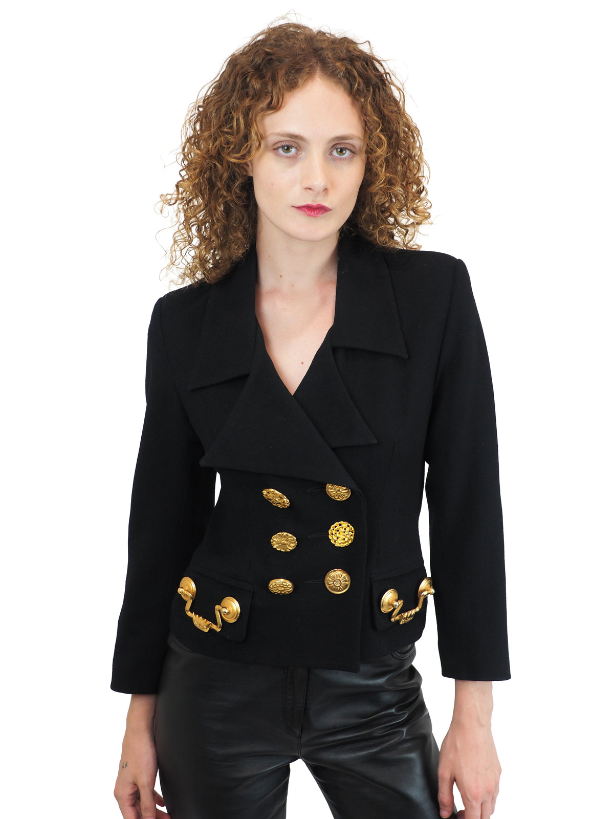 A vintage Todd oldham black double-breasted blazer with prominent gold handle buttons 