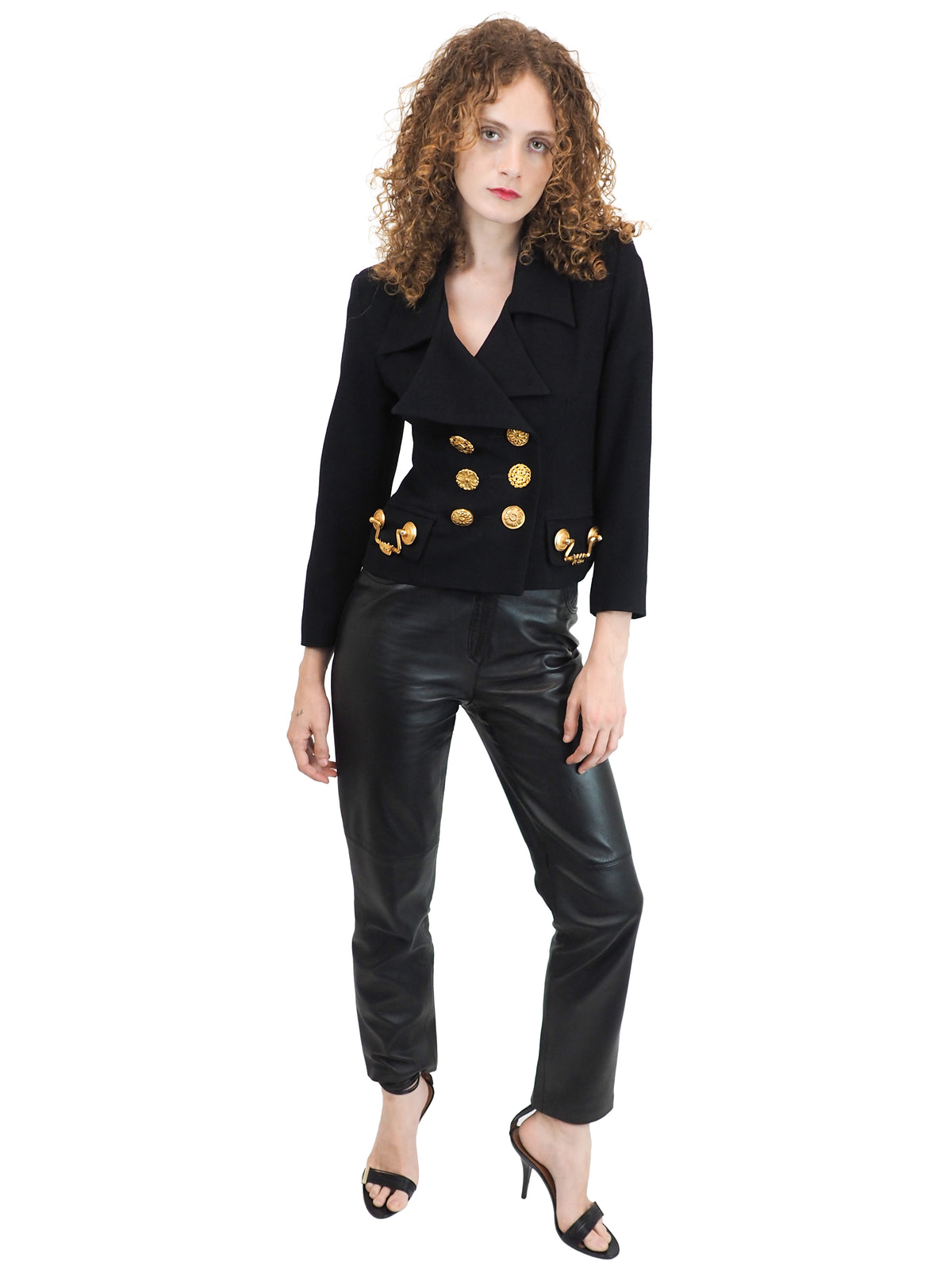 A vintage Todd oldham black double-breasted blazer with prominent gold handle buttons 