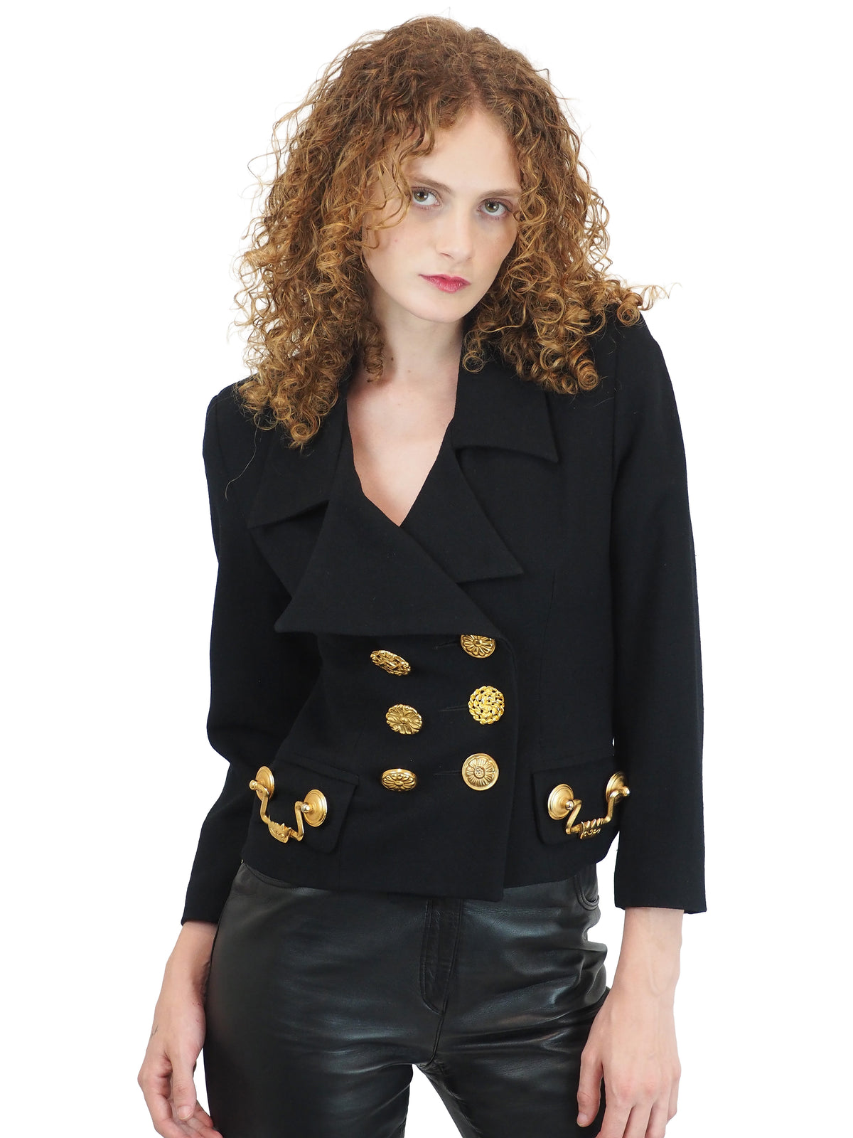 A vintage Todd oldham black double-breasted blazer with prominent gold handle buttons 