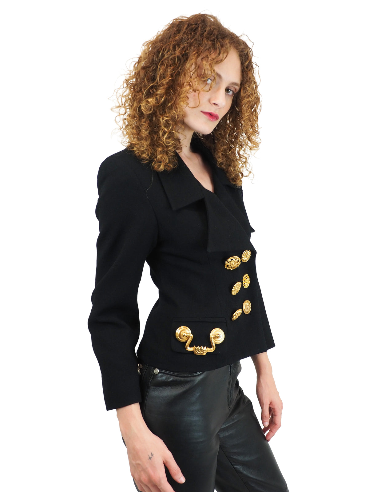 A vintage Todd oldham black double-breasted blazer with prominent gold handle buttons 