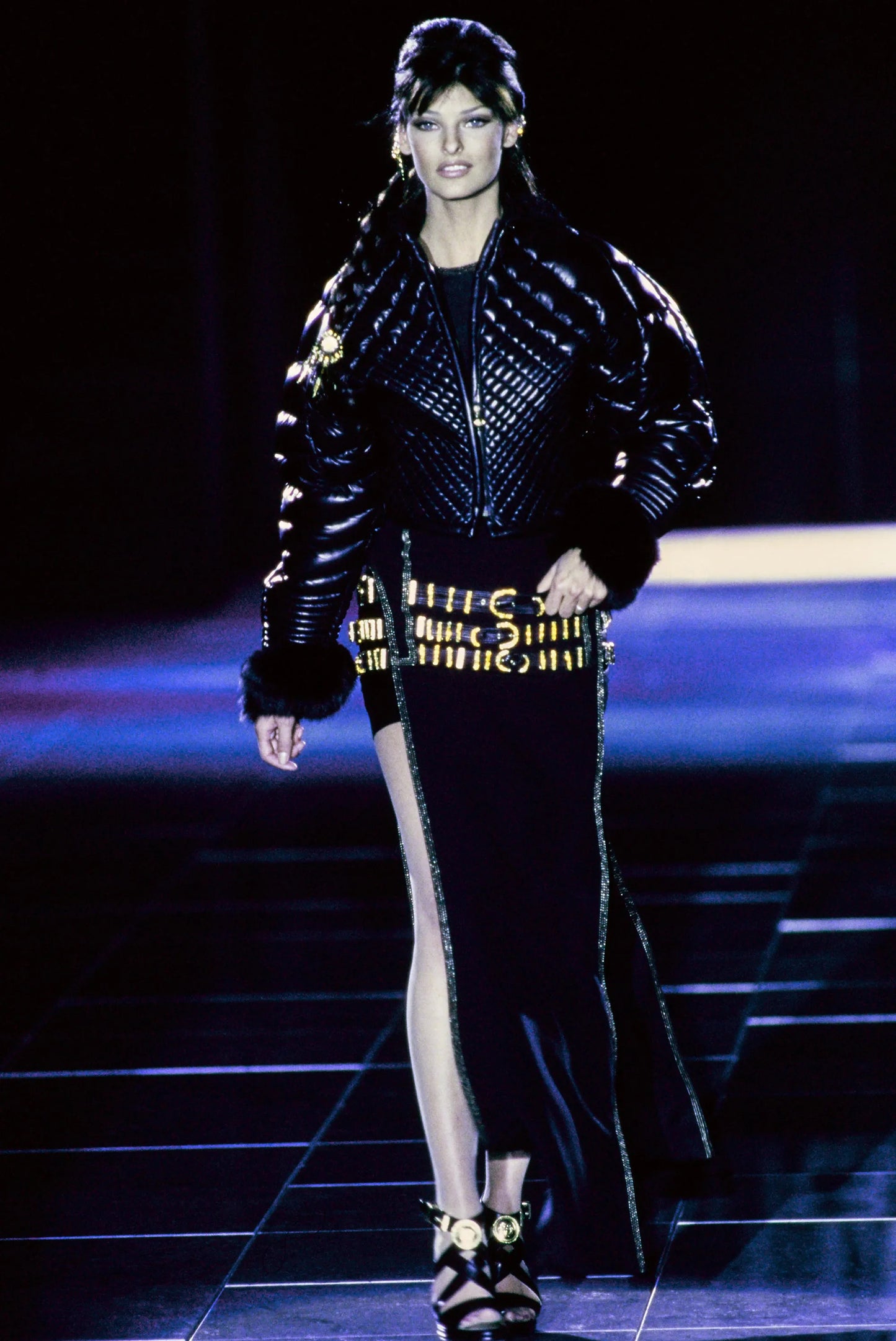 Gianni Versace F/W 1992 "Miss S&M" Black Leather with Gold Hardware Buckled Maxi Skirt Runway Image