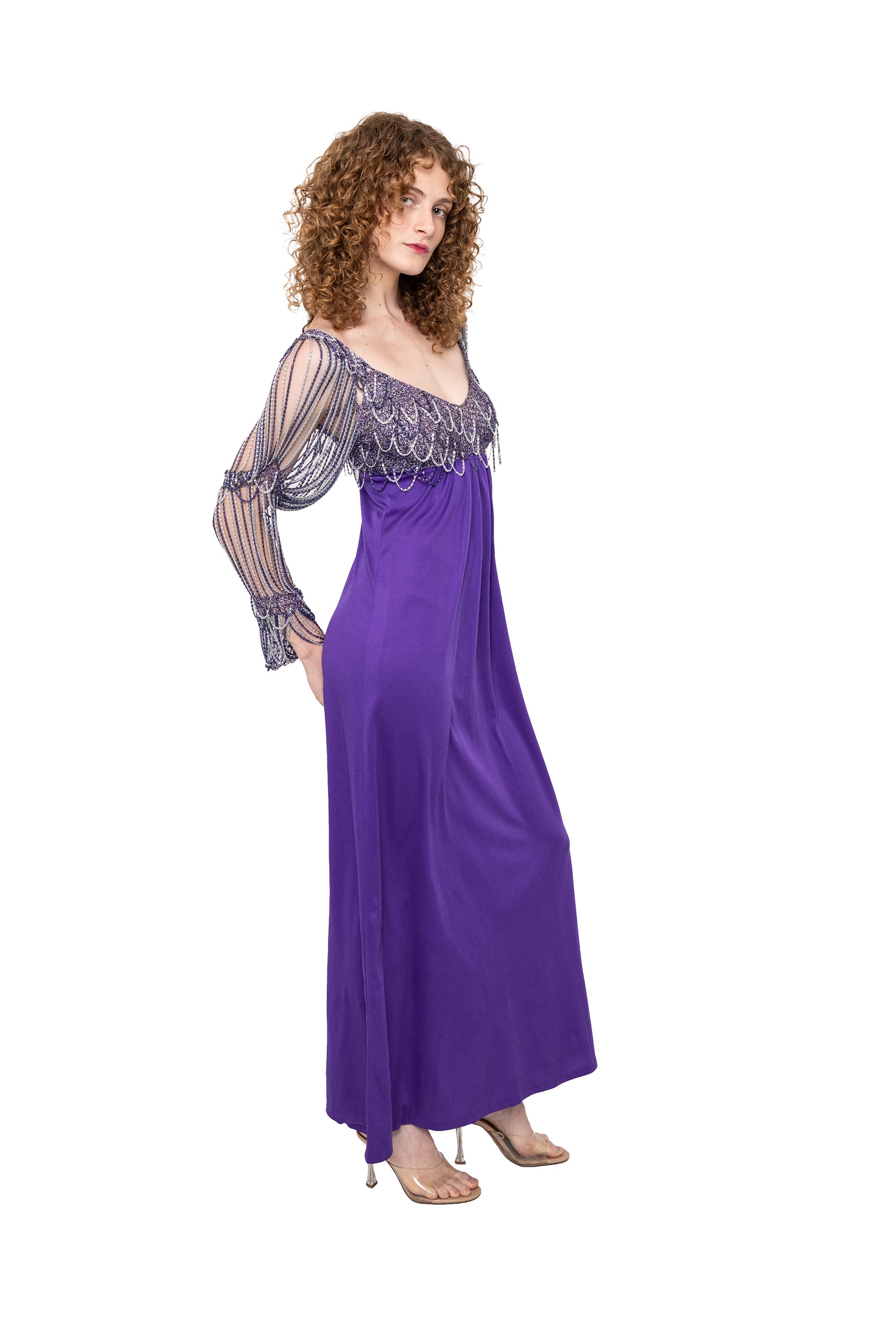 loris azzaro 1971 vintage dress with chainmail purple gown, retro designer party dress, wedding, vacation, photoshoot